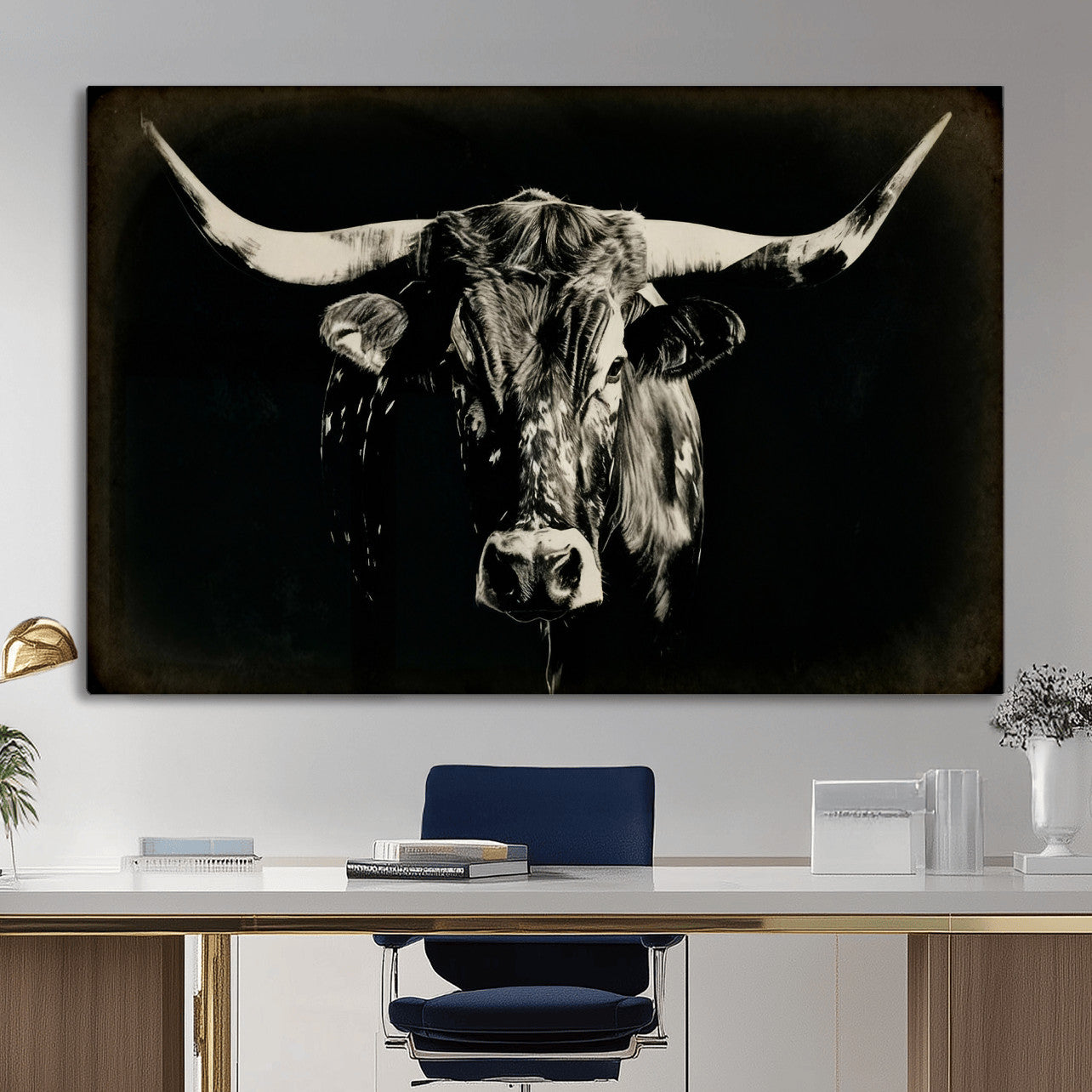 91364114-MGV-CV-36X24 - Black Bull Wall Art Canvas Print, Texas Longhorn Portrait Print, Framed Wall Art Ready to Hang
