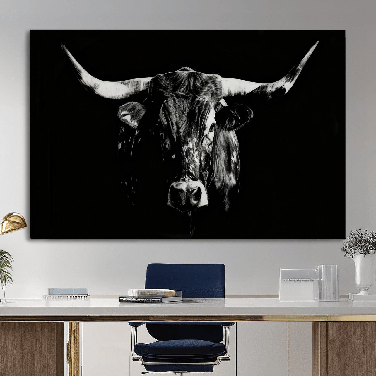 21436434-MGV-CV-36X24 - Black Bull Wall Art Canvas Print, Dark Longhorn Portrait Photography, Framed Wall Art Ready to Hang