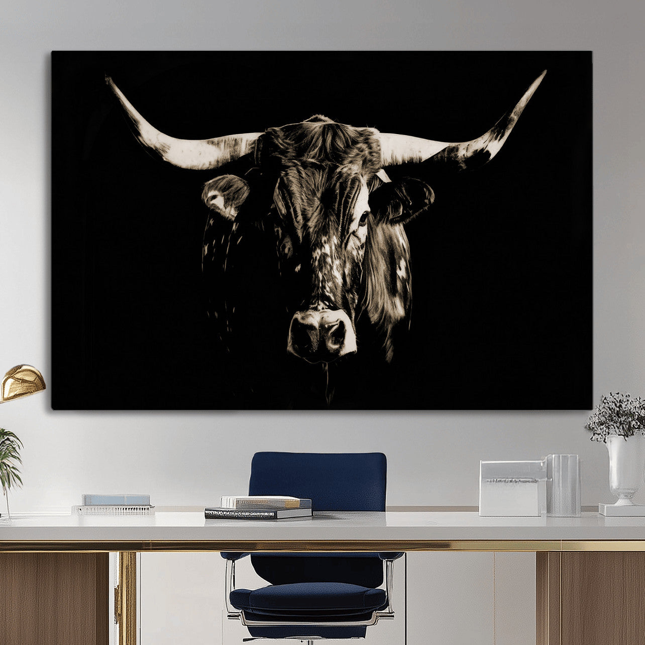 75774468-MGV-CV-36X24 - Black Bull Wall Art Canvas Print, Dark Longhorn Portrait Photography, Framed Wall Art Ready to Hang