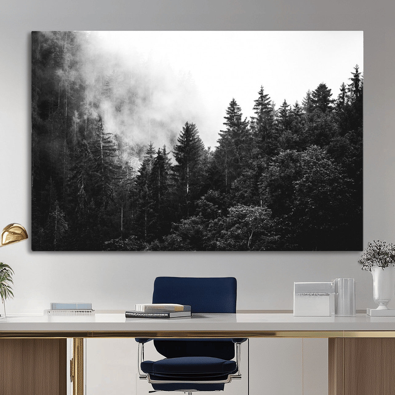 98764151-MGV-CV-36X24 - Black and White Forest Wall Art Canvas Print, Misty Pine Tree Landscape Photography, Framed Wall Art Ready to Hang