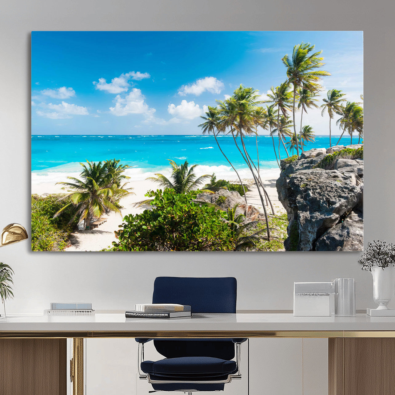 79995168-MGV-CV-36X24 - Barbados Beach Wall Art Canvas Print, Palm Tree Ocean Landscape, Turquoise Sea Coastal Photography, Tropical Island Wall Decor, Framed Ready to Hang