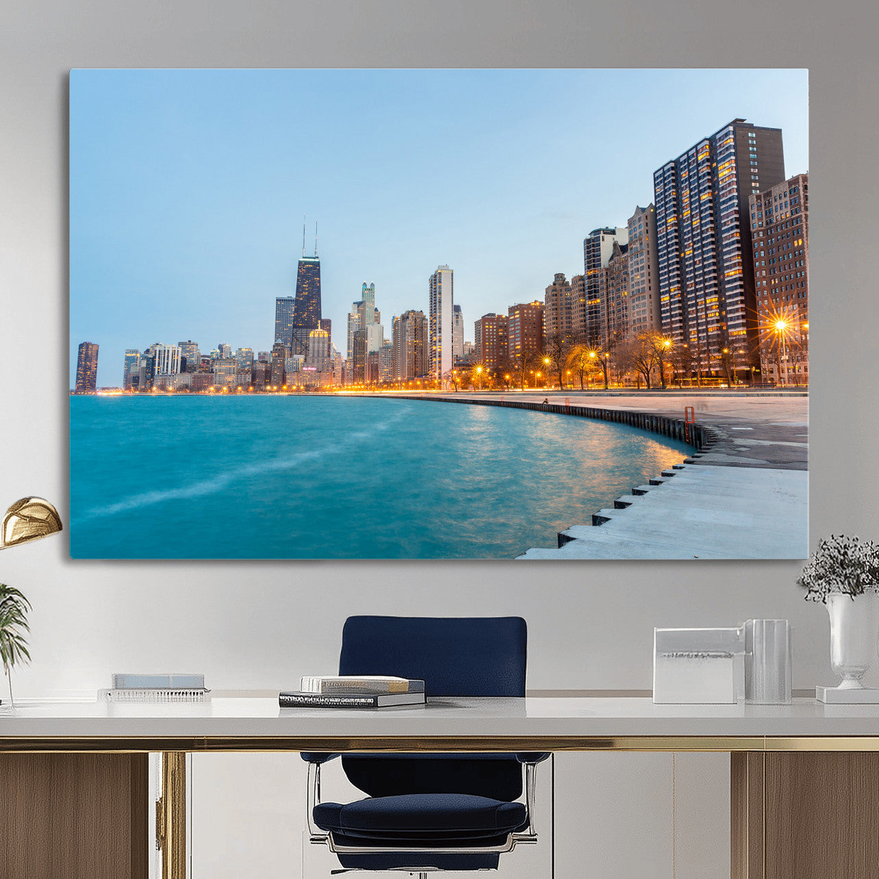 66780141-MGV-CV-36X24 - Chicago Wall Art Canvas Print, Chicago City Downtown Night Cityscape Print for Modern Urban Wall Decor