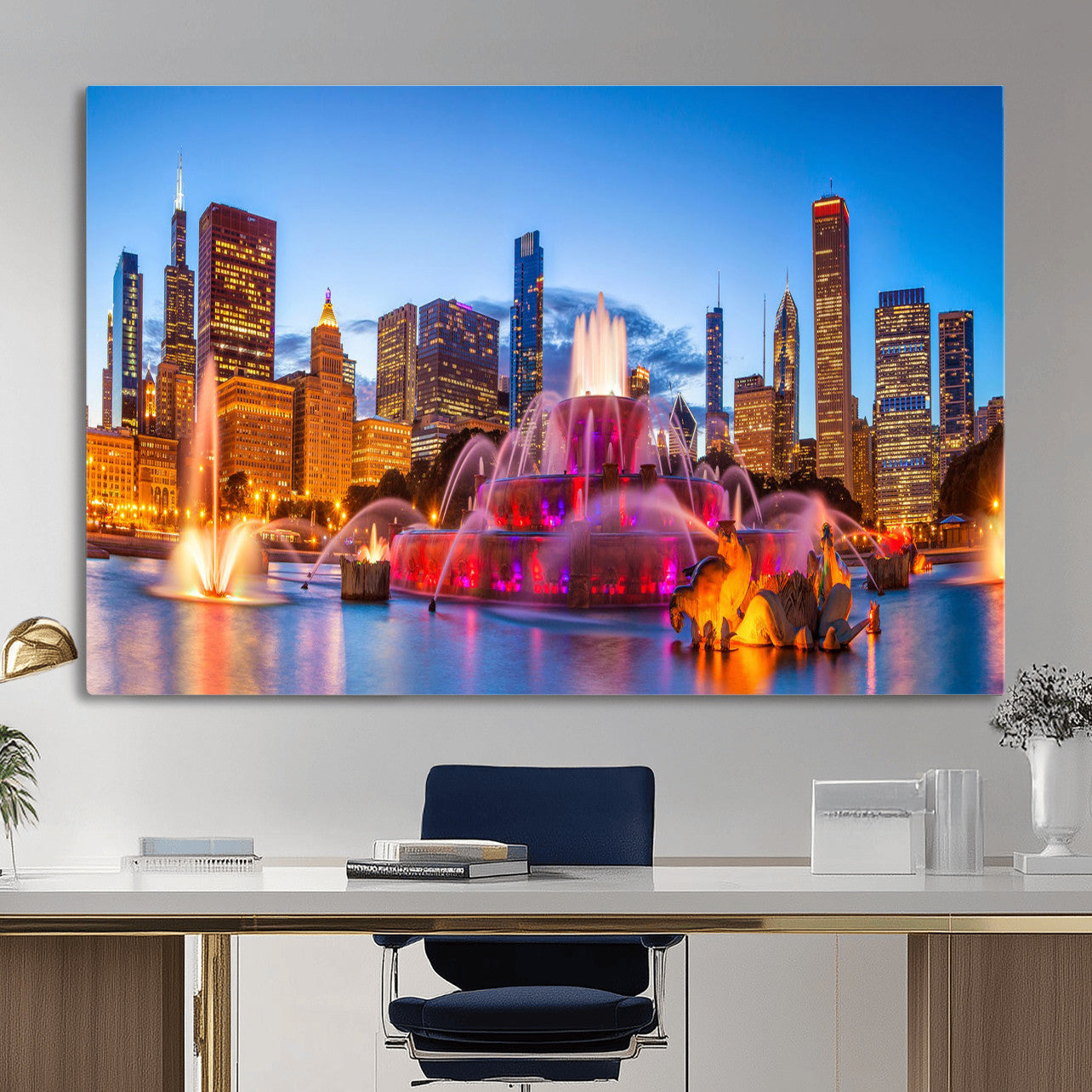 20251989-MGV-CV-36X24 - Chicago Wall Art Canvas Print, Chicago City Downtown Night Cityscape Print for Modern Urban Wall Decor