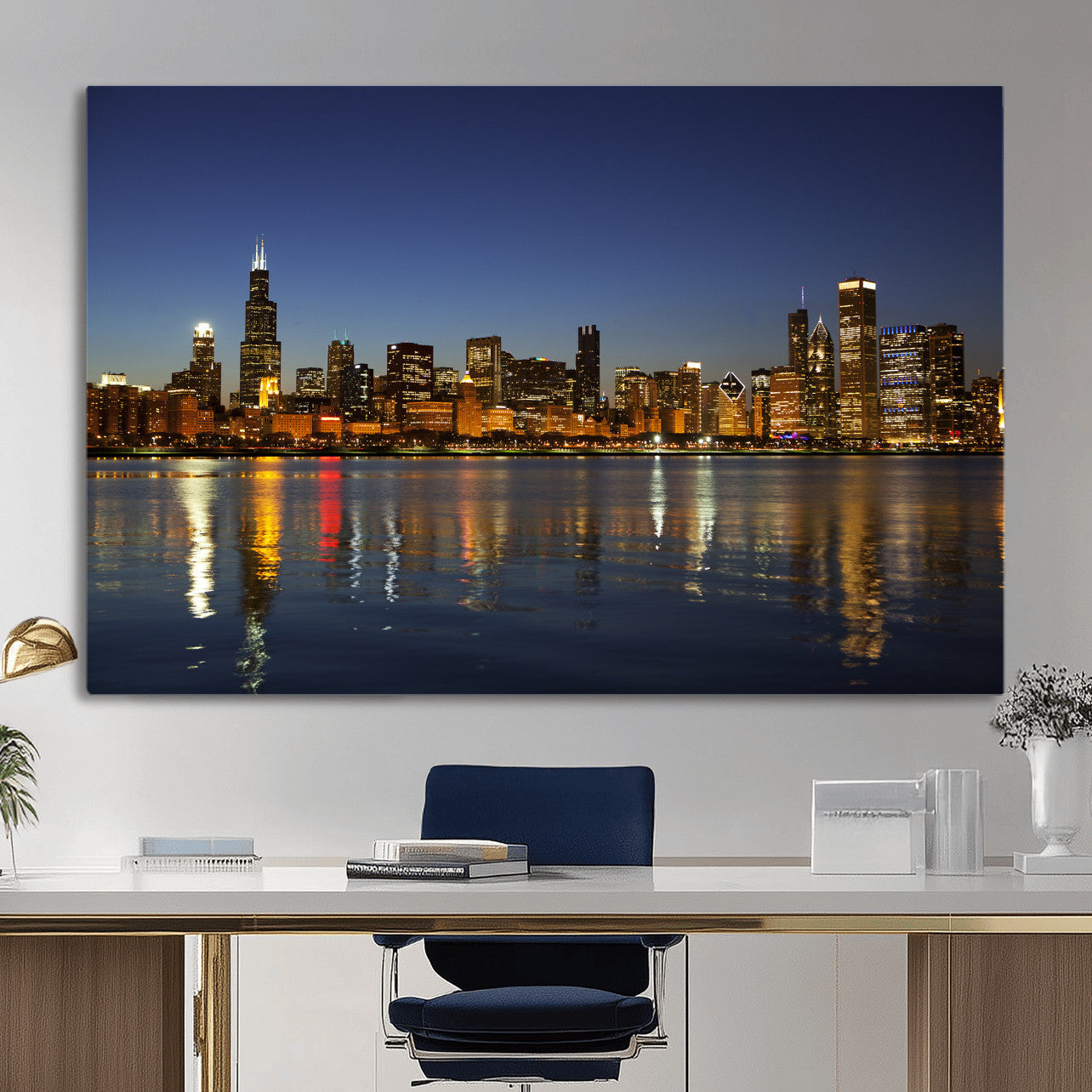 67308035-MGV-CV-36X24 - Chicago Wall Art Canvas Print, Chicago City Downtown Night Cityscape Print for Modern Urban Wall Decor