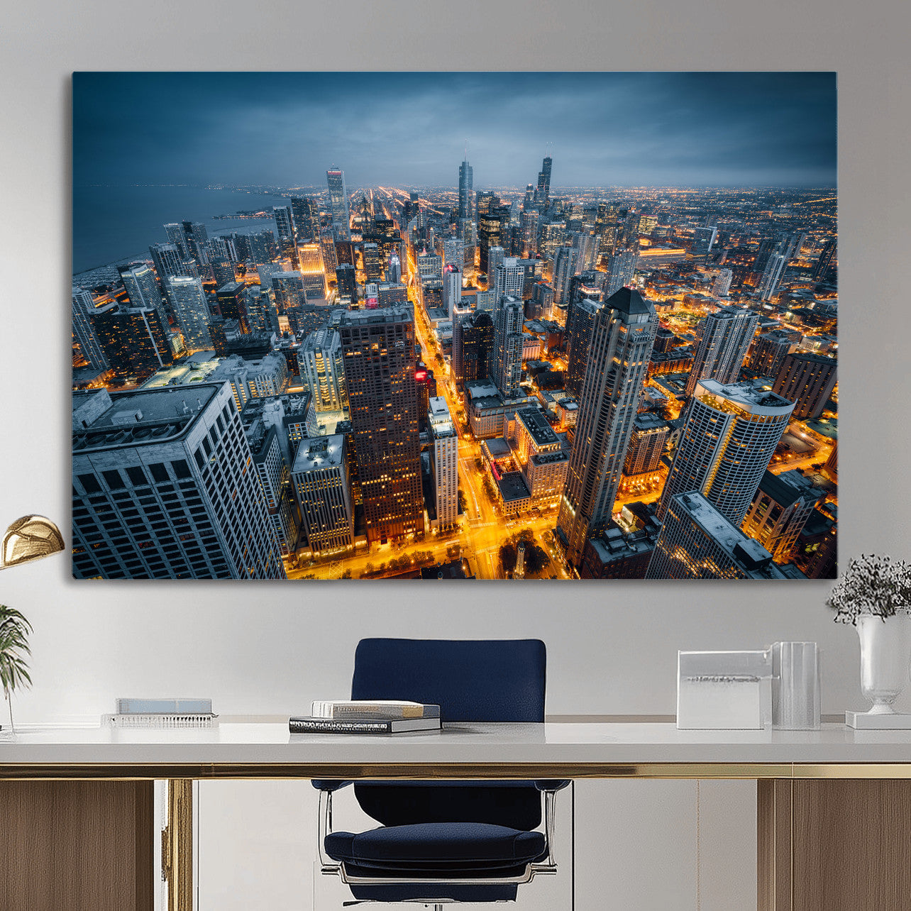 81742538-MGV-CV-36X24 - Chicago Wall Art Canvas Print, Chicago City Downtown Night Cityscape Print for Modern Urban Wall Decor