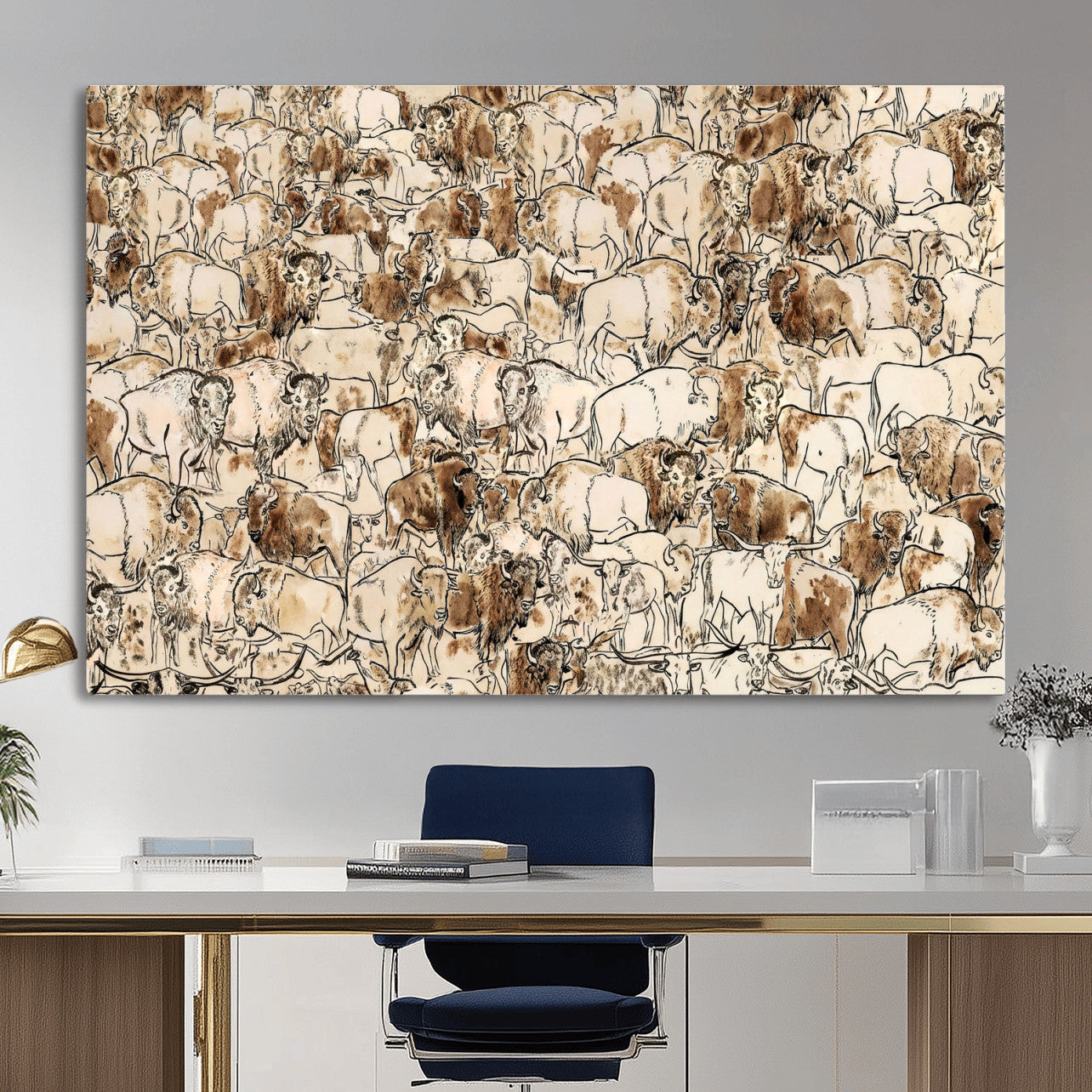 50142019-MGV-CV-36X24 - Farmhouse Animals Wall Art Canvas Print - Abstract Farm Animal Drawing Mid-Century Wall Art for Cabin Decor