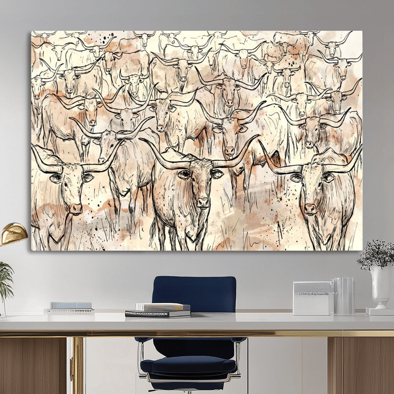 94055403-MGV-CV-36X24 - Farmhouse Animals Wall Art Canvas Print - Abstract Farm Animal Drawing Mid-Century Wall Art for Cabin Decor
