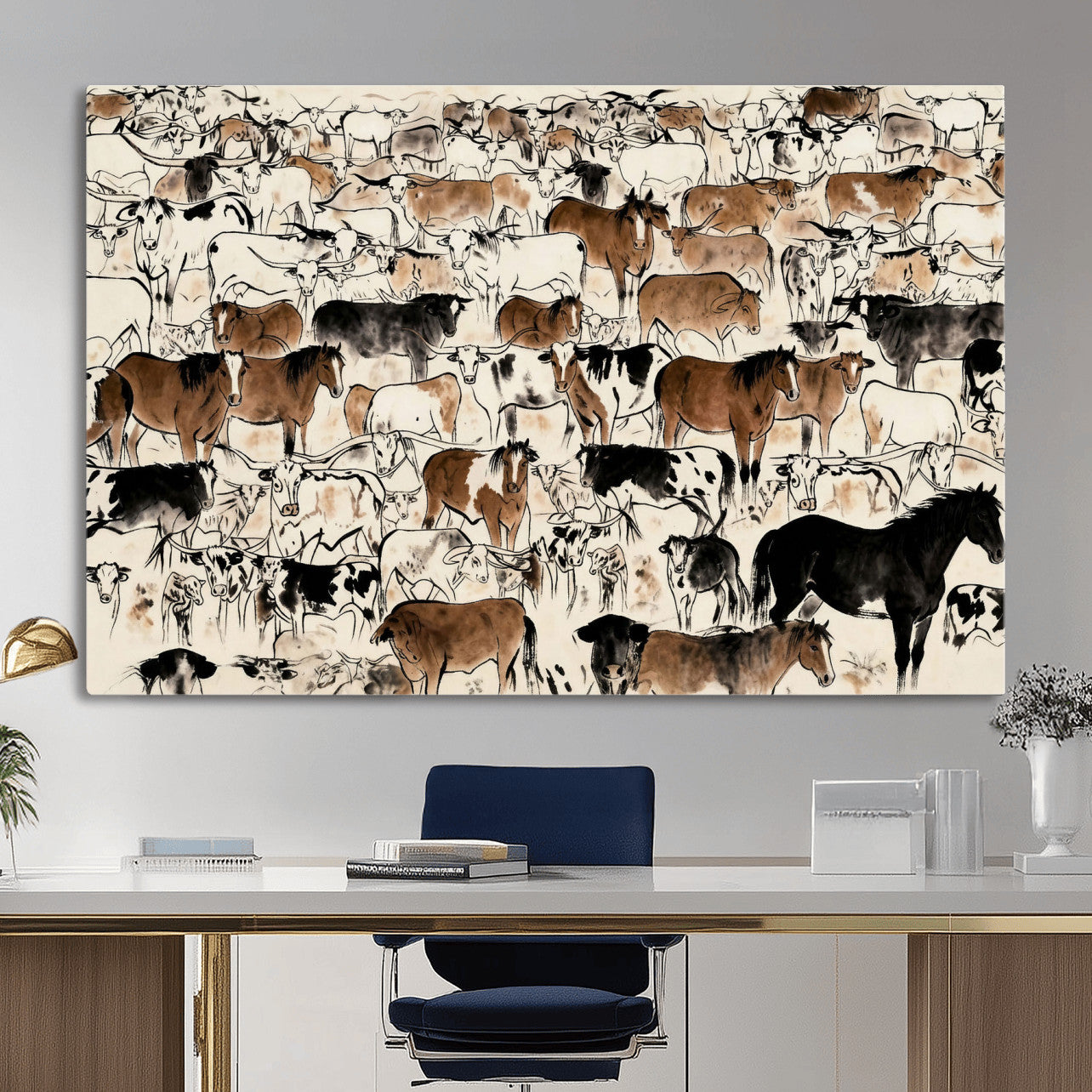 86150485-MGV-CV-36X24 - Farmhouse Animals Wall Art Canvas Print - Abstract Farm Animal Drawing Mid-Century Wall Art for Cabin Decor