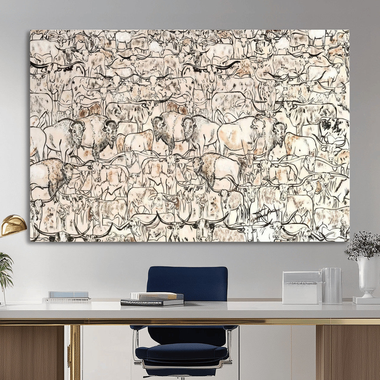 36925875-MGV-CV-36X24 - Farmhouse Animals Wall Art Canvas Print - Abstract Farm Animal Drawing Mid-Century Wall Art for Cabin Decor