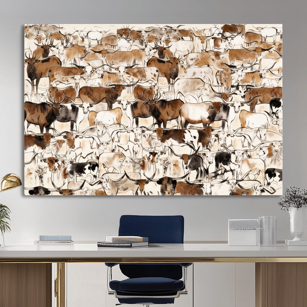 81416572-MGV-CV-36X24 - Farmhouse Animals Wall Art Canvas Print - Abstract Farm Animal Drawing Mid-Century Wall Art for Cabin Decor