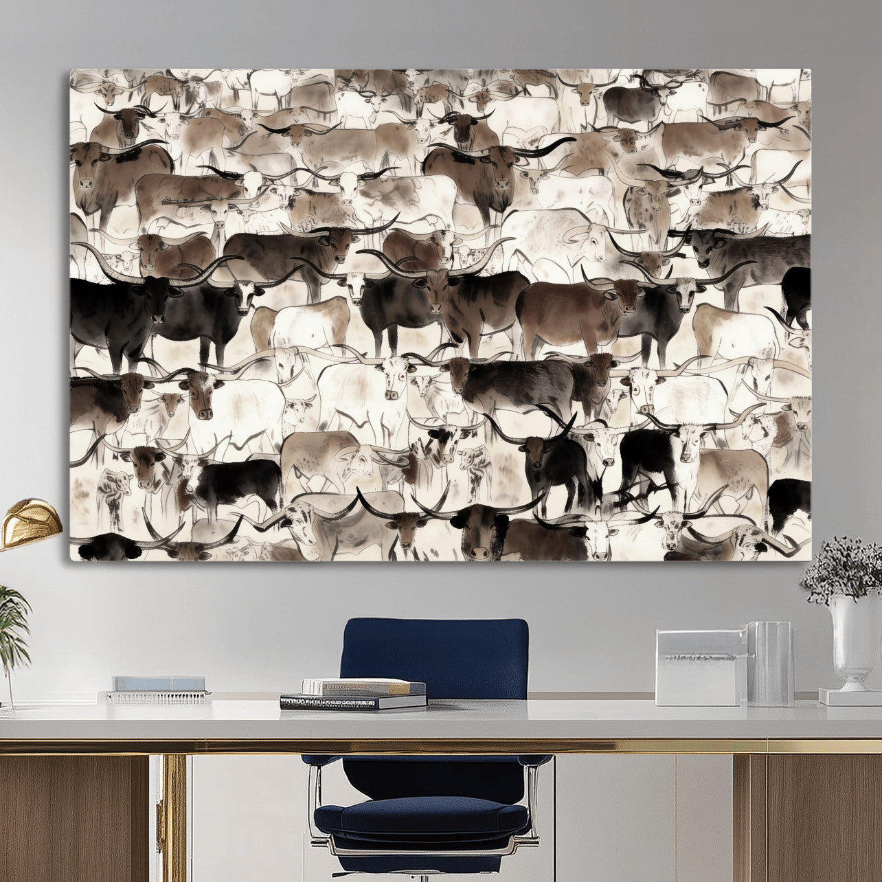 46084312-MGV-CV-36X24 - Farmhouse Animals Wall Art Canvas Print - Abstract Farm Animal Drawing Mid-Century Wall Art for Cabin Decor