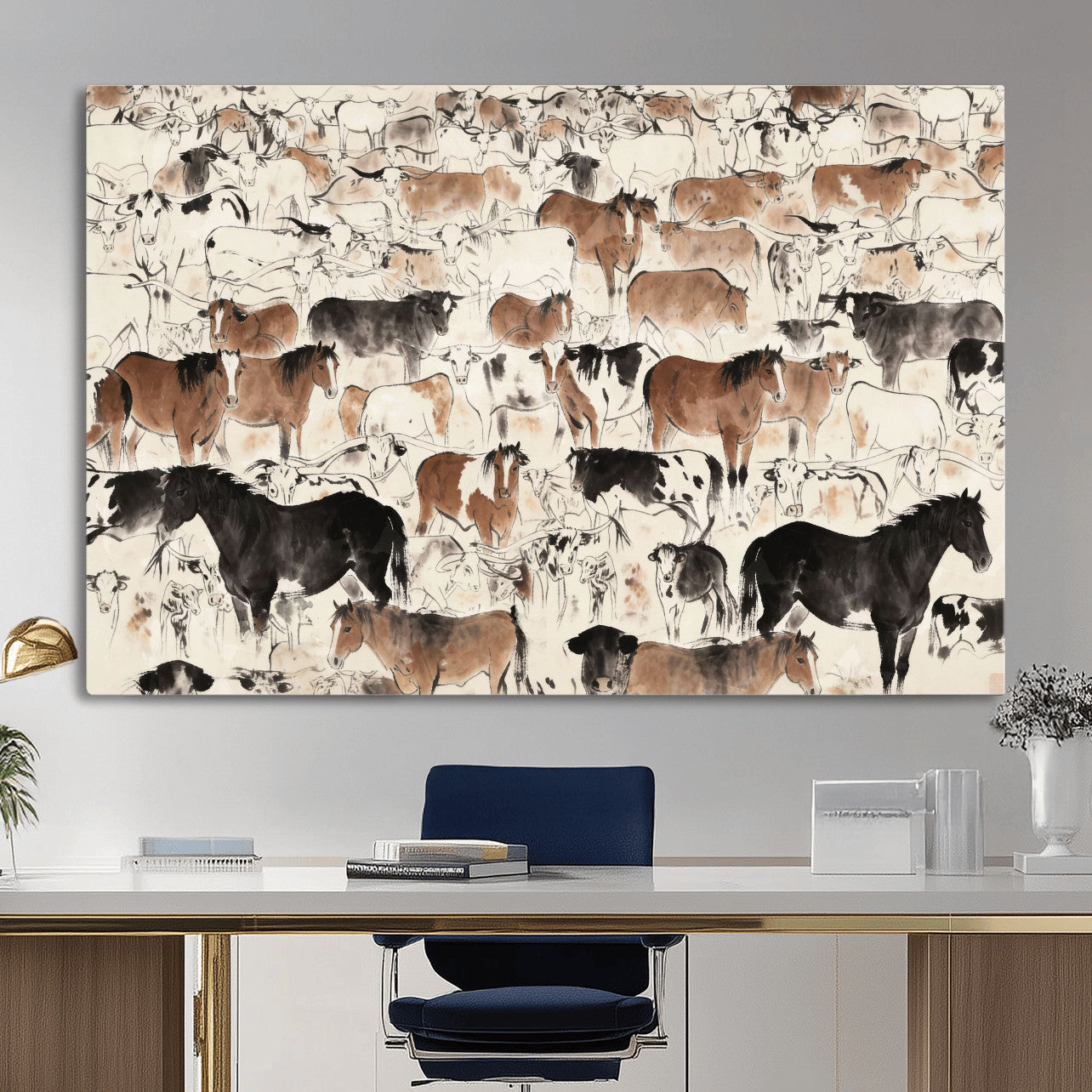 74171578-MGV-CV-36X24 - Farmhouse Animals Wall Art Canvas Print - Abstract Farm Animal Drawing Mid-Century Wall Art for Cabin Decor