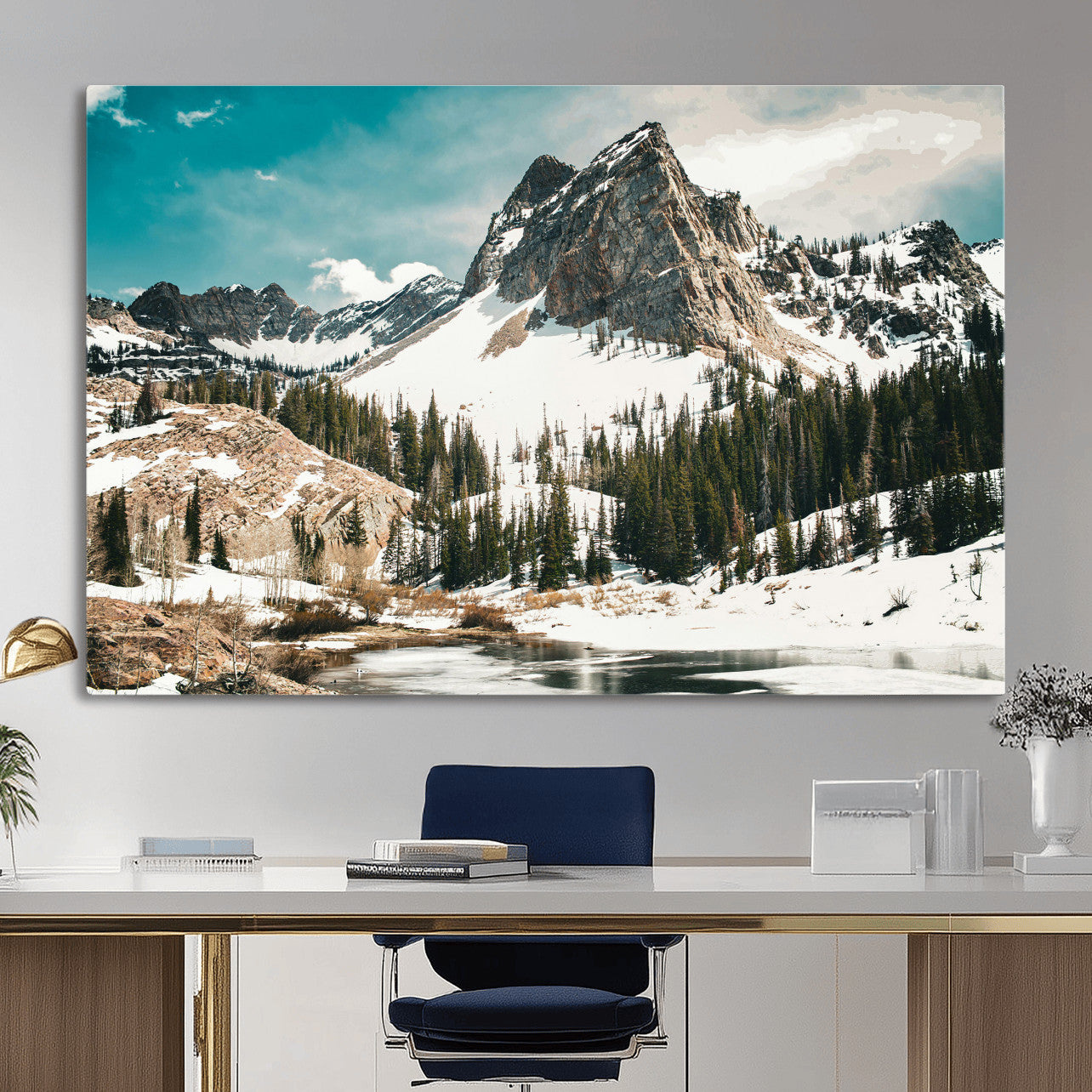 56837070-MGV-CV-36X24 - Snowy Mountain Landscape Wall Art Canvas Print, Alpine Pine Forest Winter Nature Wall Decor for Living Room and Office