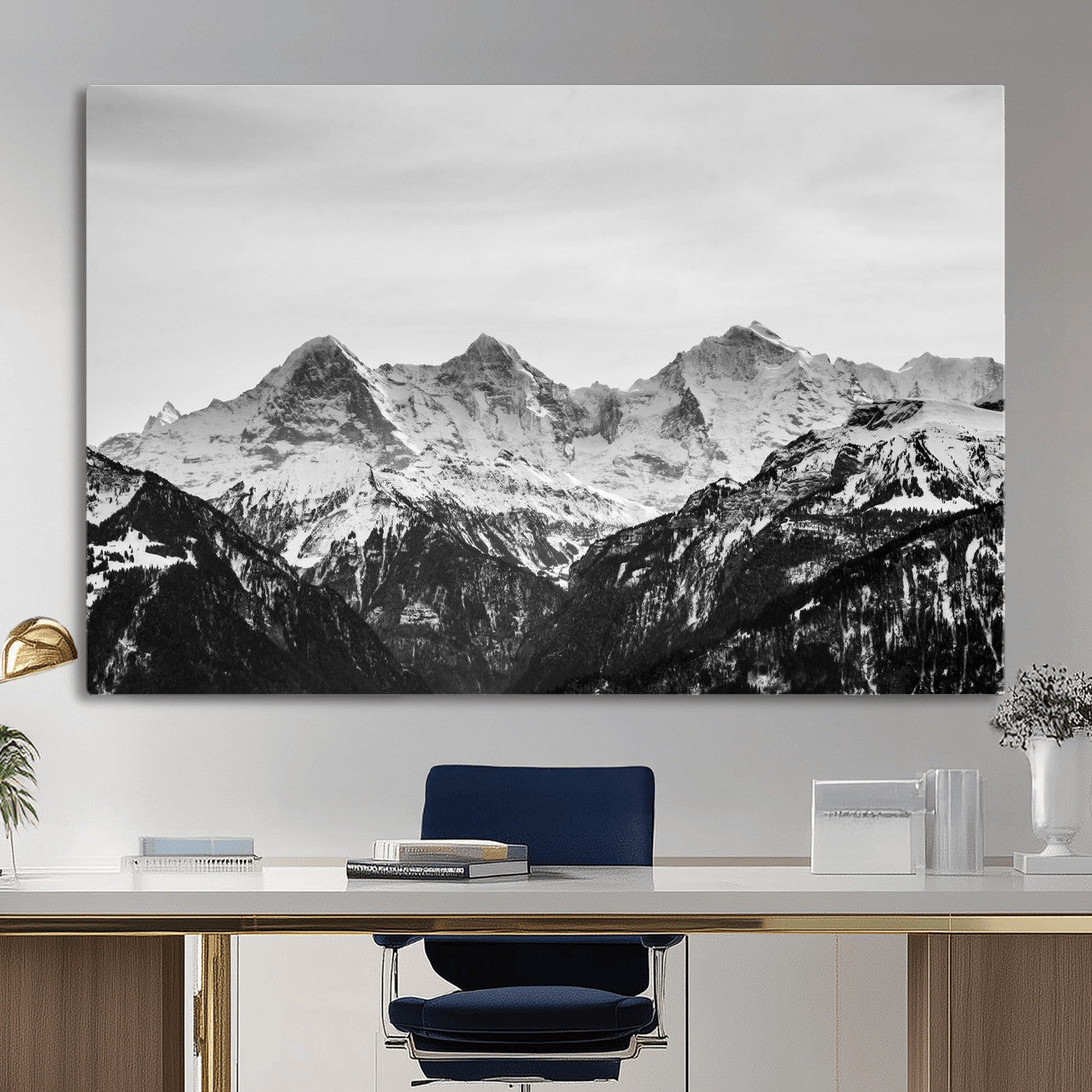 85684934-MGV-CV-36X24 - Black and White Mountain Wall Art Canvas Print, Snowy Alpine Peaks Landscape Photography, Minimal Monochrome Mountain Art, Scenic Nature Wall Decor