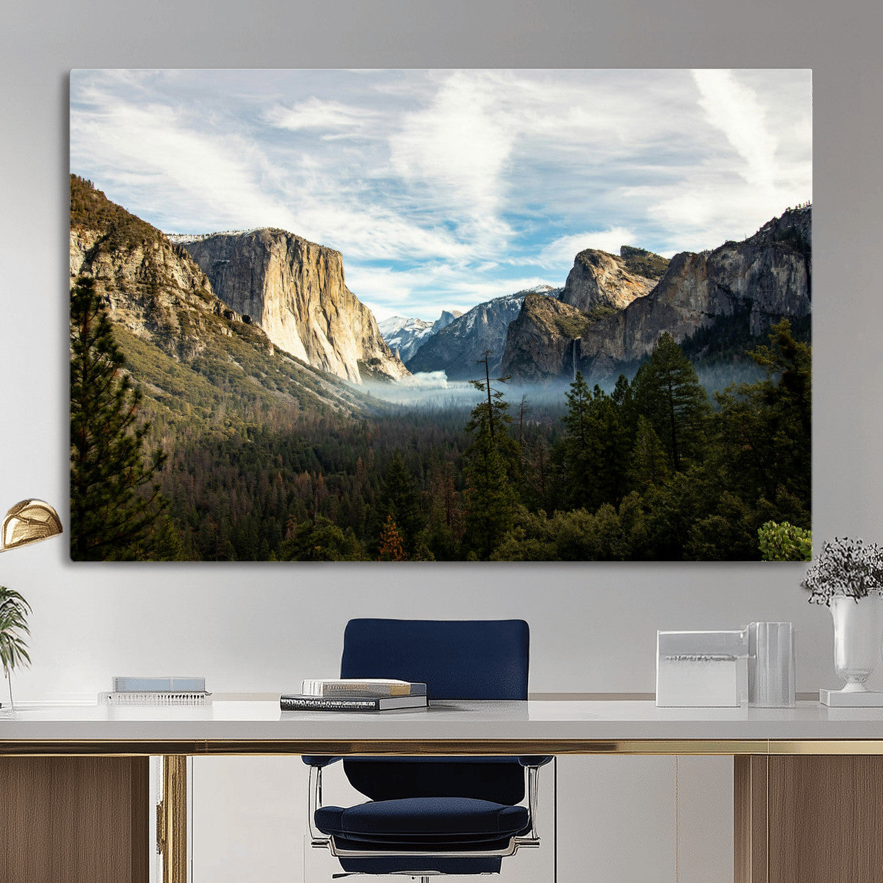 15089394-MGV-CV-36X24 - Yosemite Valley Mountain Landscape Wall Art Canvas Print, Granite Cliff Forest Valley Canvas Print, California National Park Scenic Art Printing