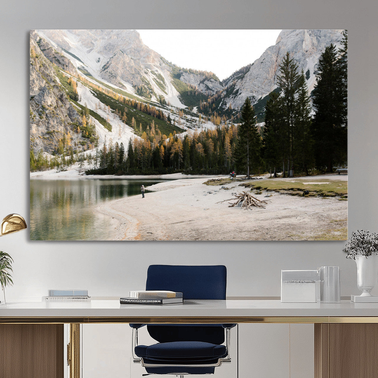 89246758-MGV-CV-36X24 - Lake Braies Alpine Landscape Wall Art Canvas Print, Dolomites Mountain Lake Forest Canvas Print, Italian Alps Scenic Nature Art Printing