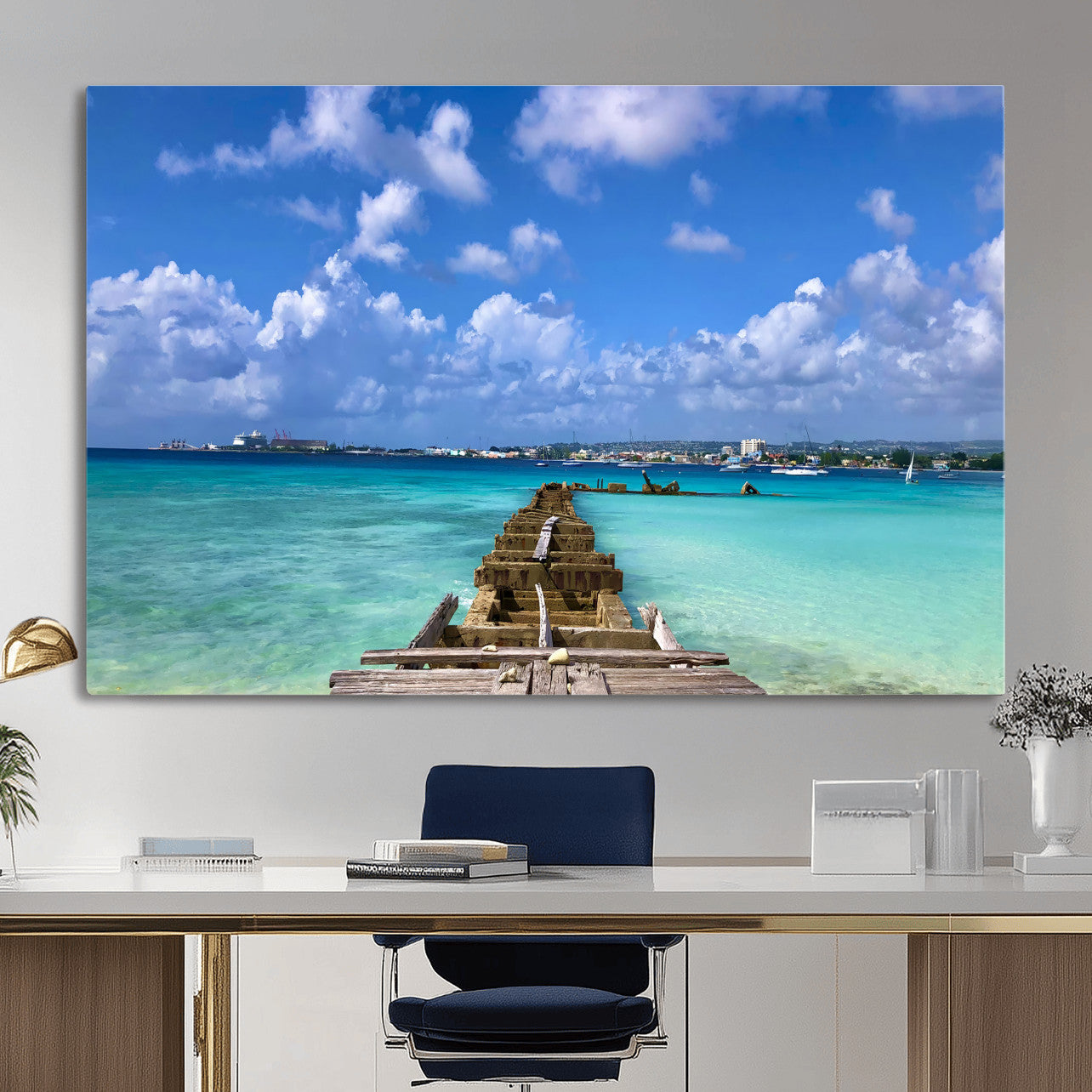 43165024-MGV-CV-36X24 - Caribbean Ocean Pier Seascape Wall Art Canvas Print, Turquoise Sea Tropical Harbor Canvas Print, Island Coastal Blue Water Scenic Art Printing