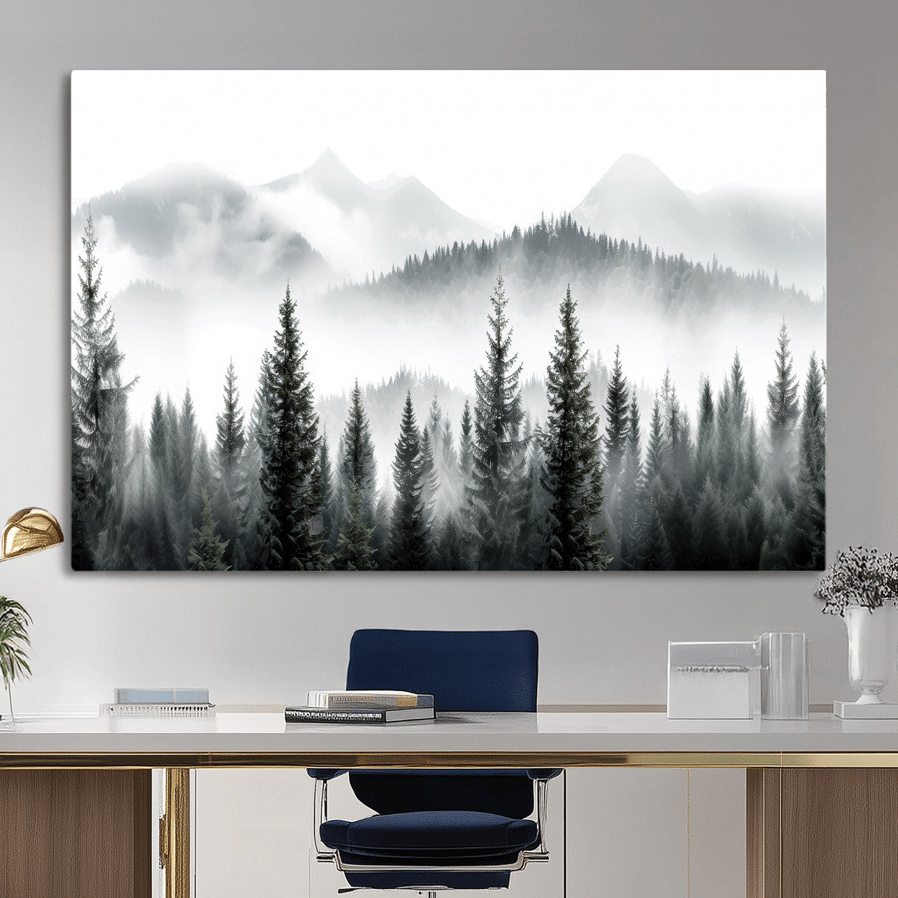 38819032-MGV-CV-36X24 - Misty Pine Forest Mountain Landscape Wall Art Canvas Print, Foggy Evergreen Trees Minimal Nature Canvas Print, Monochrome Wilderness Scenic Art Printing