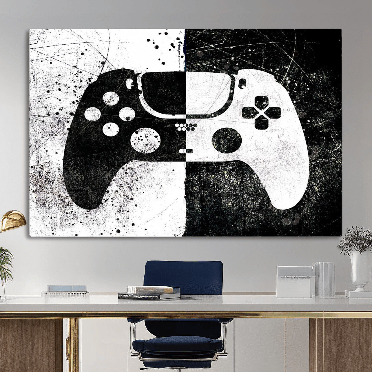 17525128-MGV-CV-36X24 - Abstract Gaming Controller Wall Art Canvas Print, Black White Video Game Controller Modern Canvas Print, Minimal Gamer Graphic Art Printing