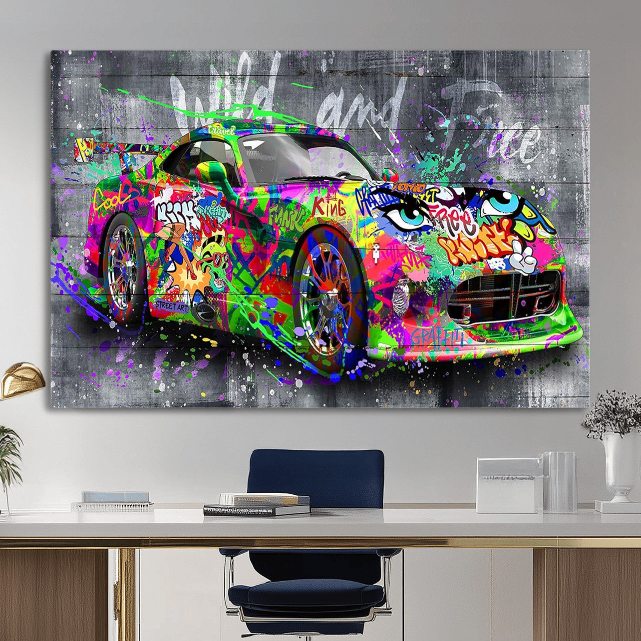 95314968-MGV-CV-36X24 - Graffiti Sports Car Street Art Wall Art Canvas Print, Colorful Urban Supercar Pop Art Canvas Print, Modern Graffiti Car Contemporary Art Printing