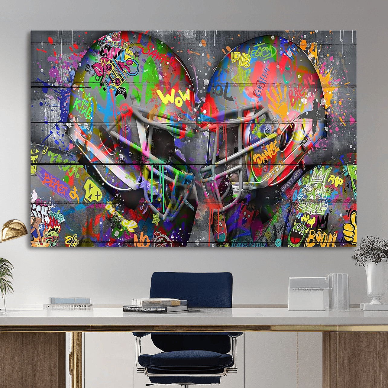 15309853-MGV-CV-36X24 - Graffiti Football Helmets Wall Art Canvas Print, Urban Street Art Sports Decor, Colorful American Football Graffiti Artwork