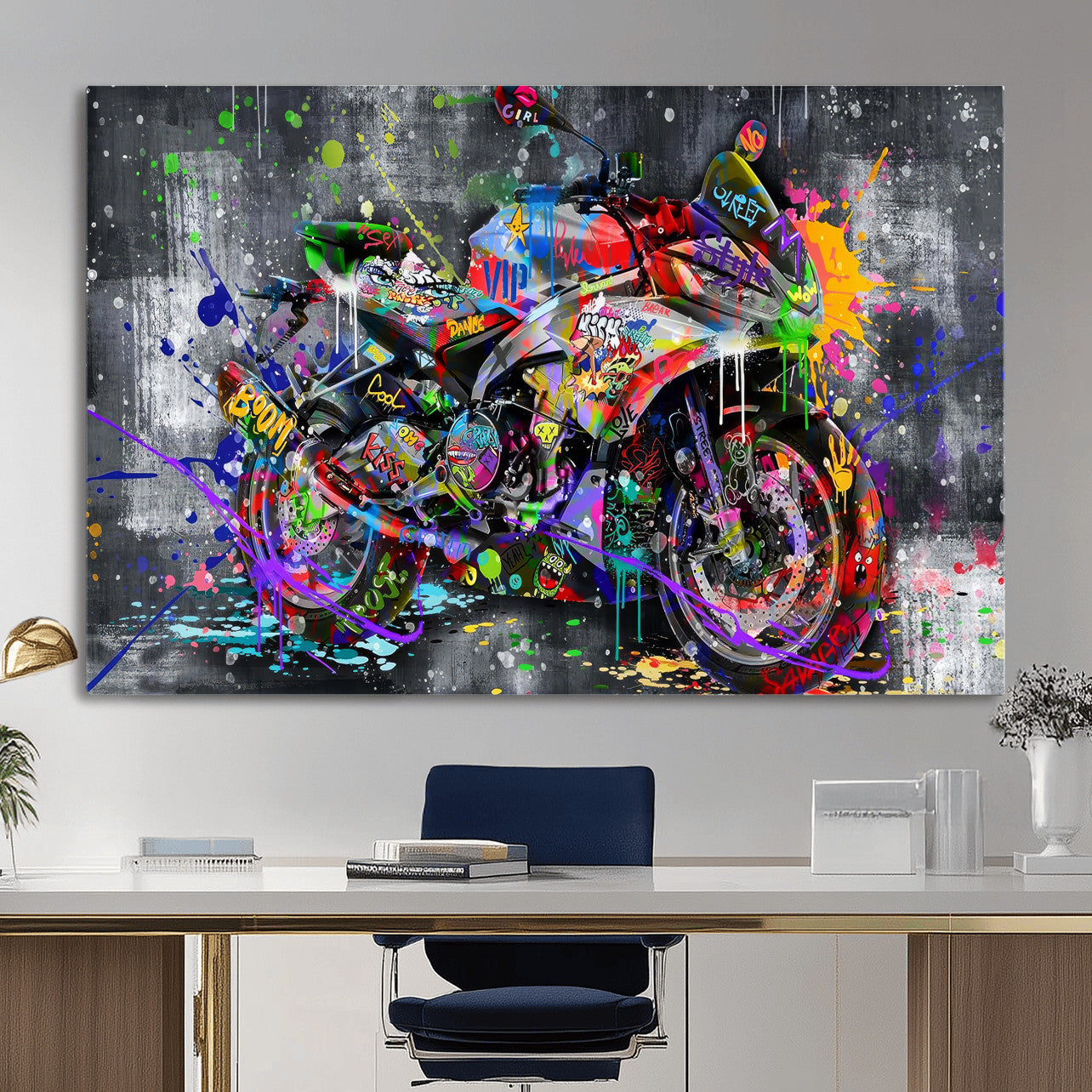 83021767-MGV-CV-36X24 - Graffiti Motorcycle Wall Art Canvas Print, Urban Street Art Motorbike Decor, Colorful Graffiti Sports Bike Artwork