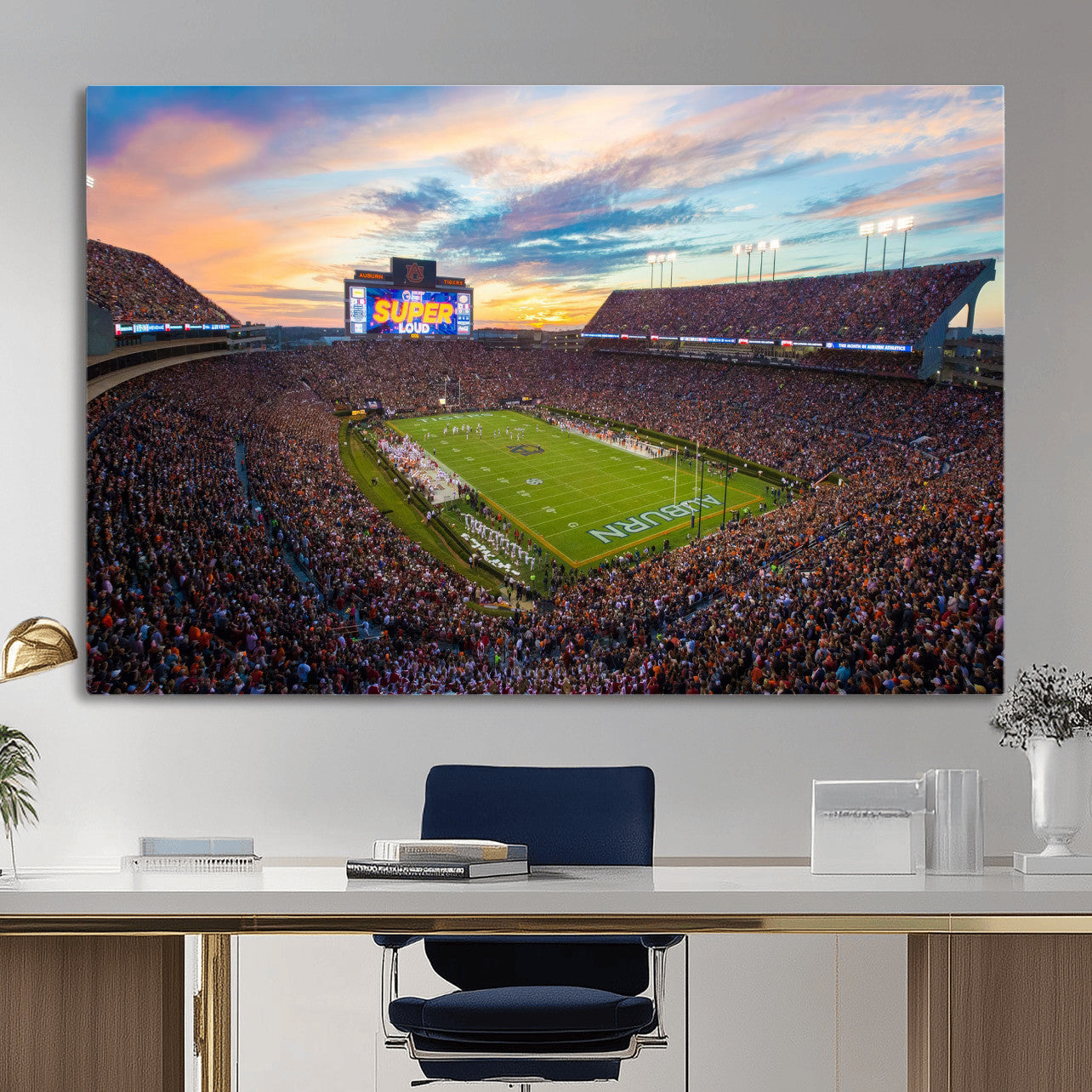 75203764-MGV-CV-36X24 - Auburn Stadium Sunset Wall Art Canvas Print, Jordan Hare Stadium Game Day Crowd, Auburn Tigers Football Artwork
