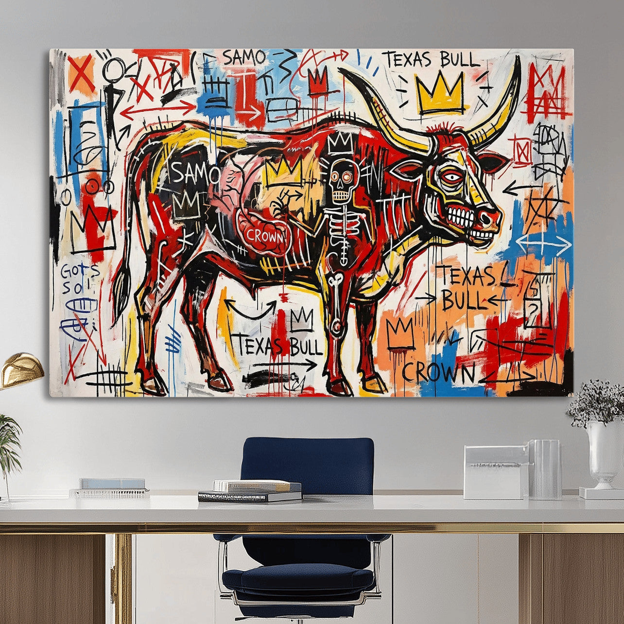 89504579-MGV-CV-36X24 - TITLE: Texas Bull Wall Art Canvas Print, Abstract Graffiti Bull Painting, Western Animal Art, Modern Ranch Decor