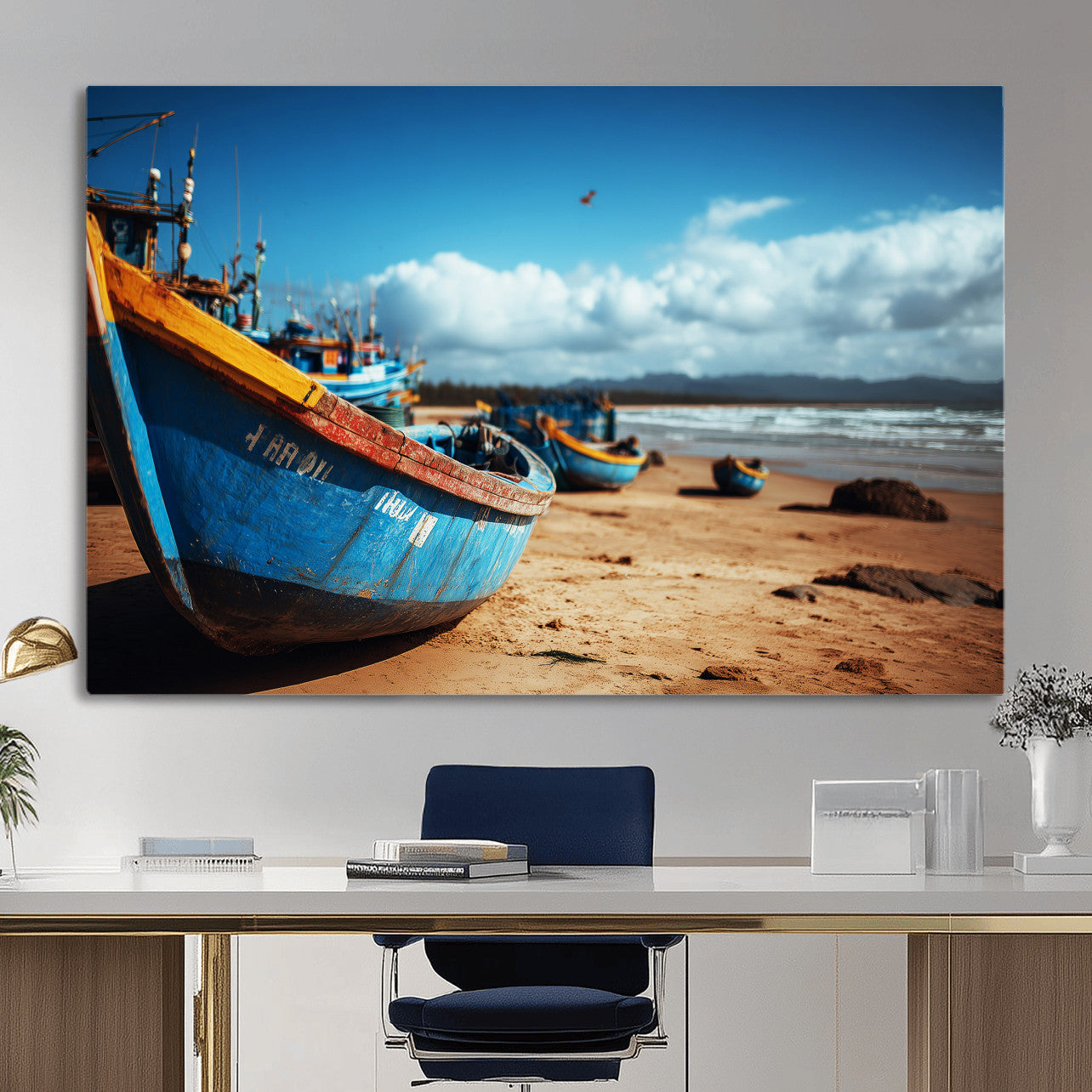 70925201-MGV-CV-36X24 - Fishing Boats Wall Art Canvas Print, Coastal Boat Beach Scene, Nautical Seaside Artwork, Ocean Shore Decor, Coastal Home Wall Art