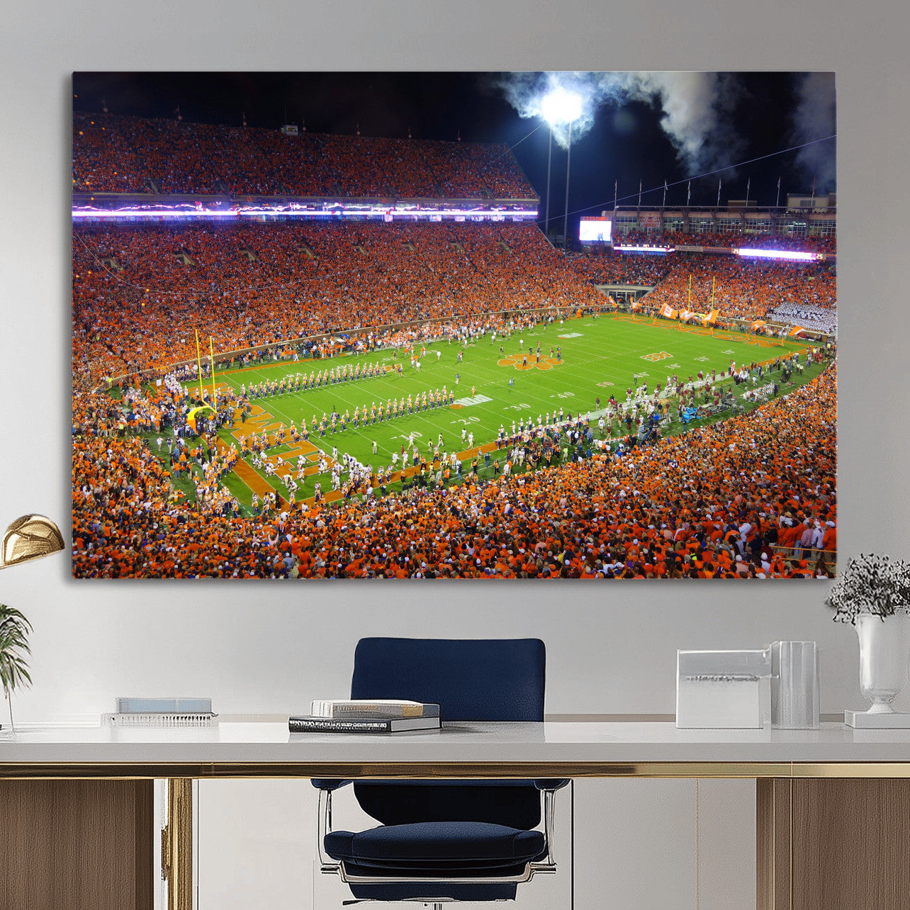 43662631-MGV-CV-36X24 - Clemson Football Stadium Wall Art Canvas Print, College Football Crowd Night Game Scene, Orange Stadium Panorama Wall Decor
