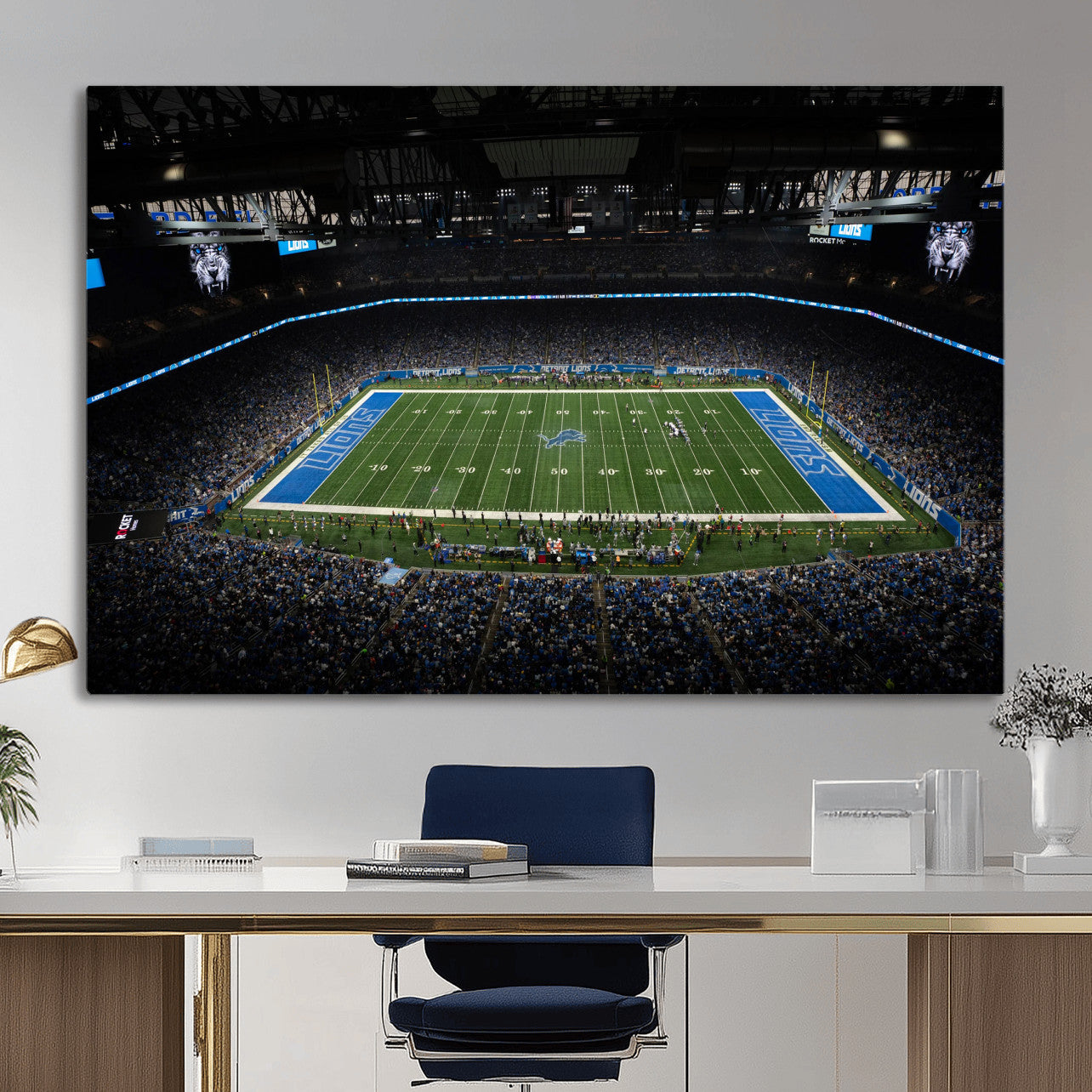 16709602-MGV-CV-36X24 - Detroit Lions Stadium Wall Art Canvas Print, Football Field Panorama Artwork, NFL Game Night Stadium Decor