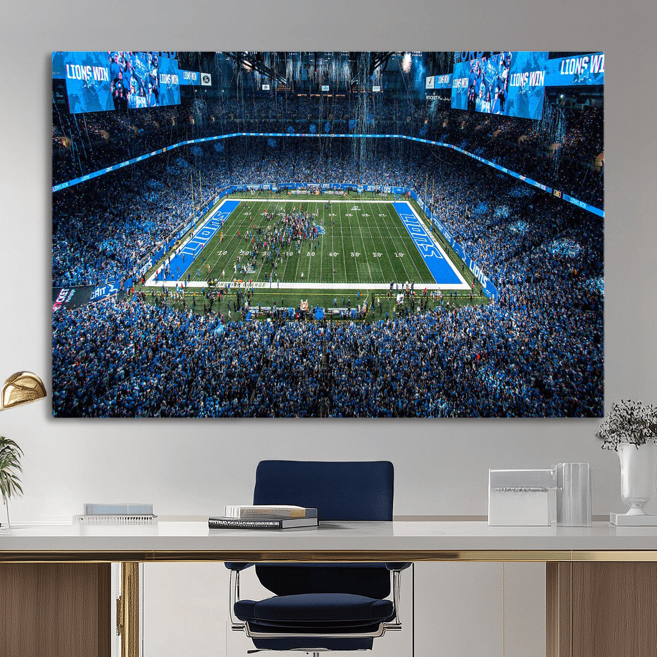 80882005-MGV-CV-36X24 - Detroit Lions Stadium Wall Art Canvas Print, Football Field Panorama Artwork, NFL Game Night Stadium Decor