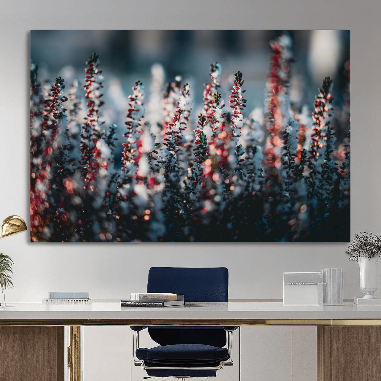 82063935-MGV-CV-36X24 - Winter Heather Wall Art Canvas Print, Frosted Floral Nature Art, Moody Botanical Wall Decor