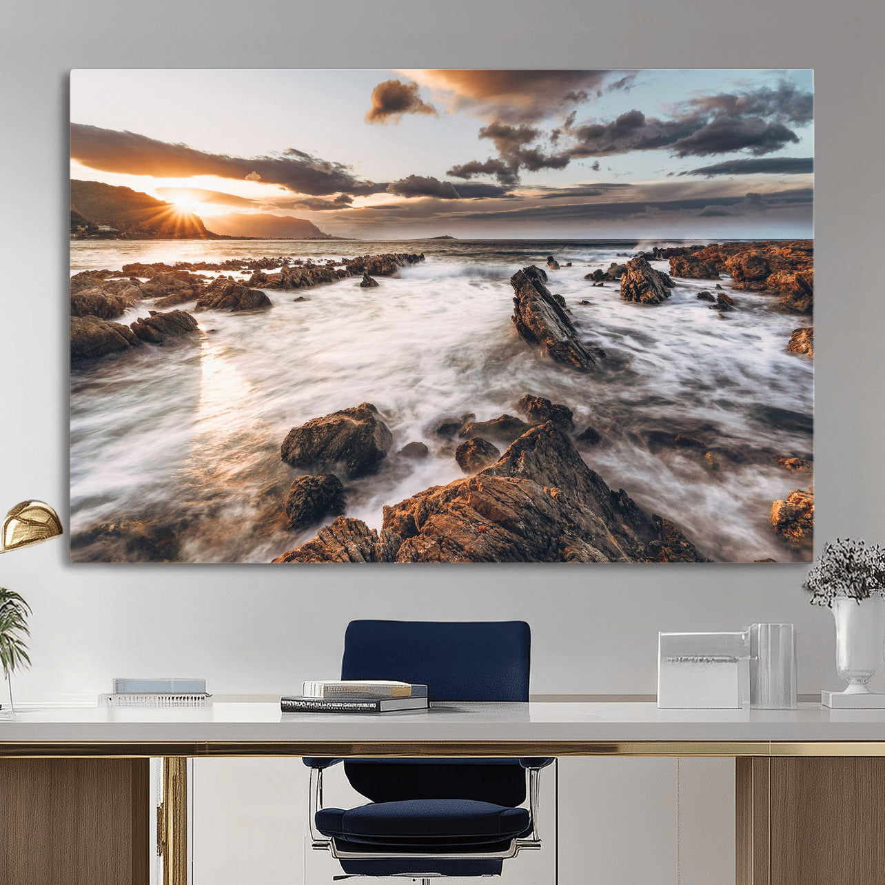 66746024-MGV-CV-36X24 - Rocky Coast Ocean Sunset Wall Art Canvas Print, Dramatic Seascape Nature Wall Decor for Living Room and Office
