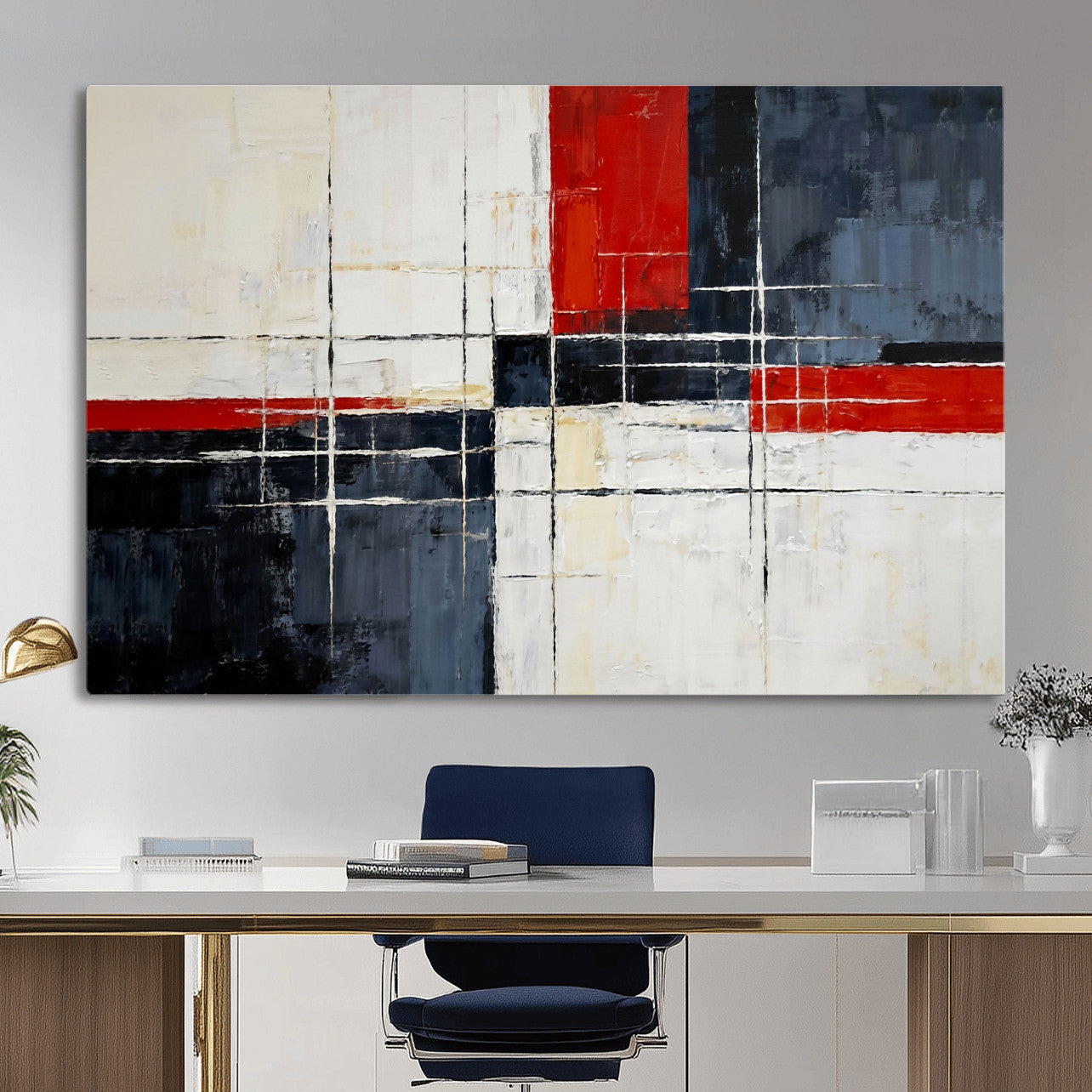 11921181-MGV-CV-36X24 - Navy Red Abstract Wall Art Canvas Print, Modern Luxury Geometric Painting Wall Decor for Living Room and Office