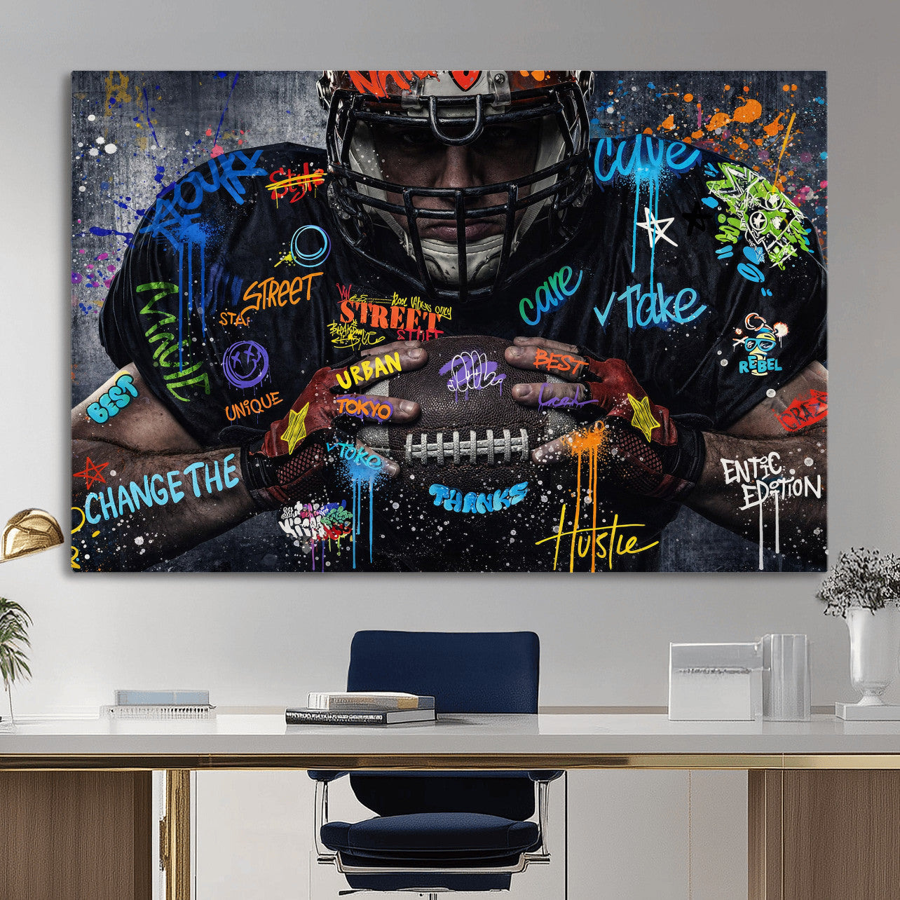 55267256-MGV-CV-36X24 - Graffiti American Football Player Street Art Wall Art Canvas Print, Urban Sports Pop Art Football Canvas Print, Modern Athletic Graffiti Contemporary Art Printing