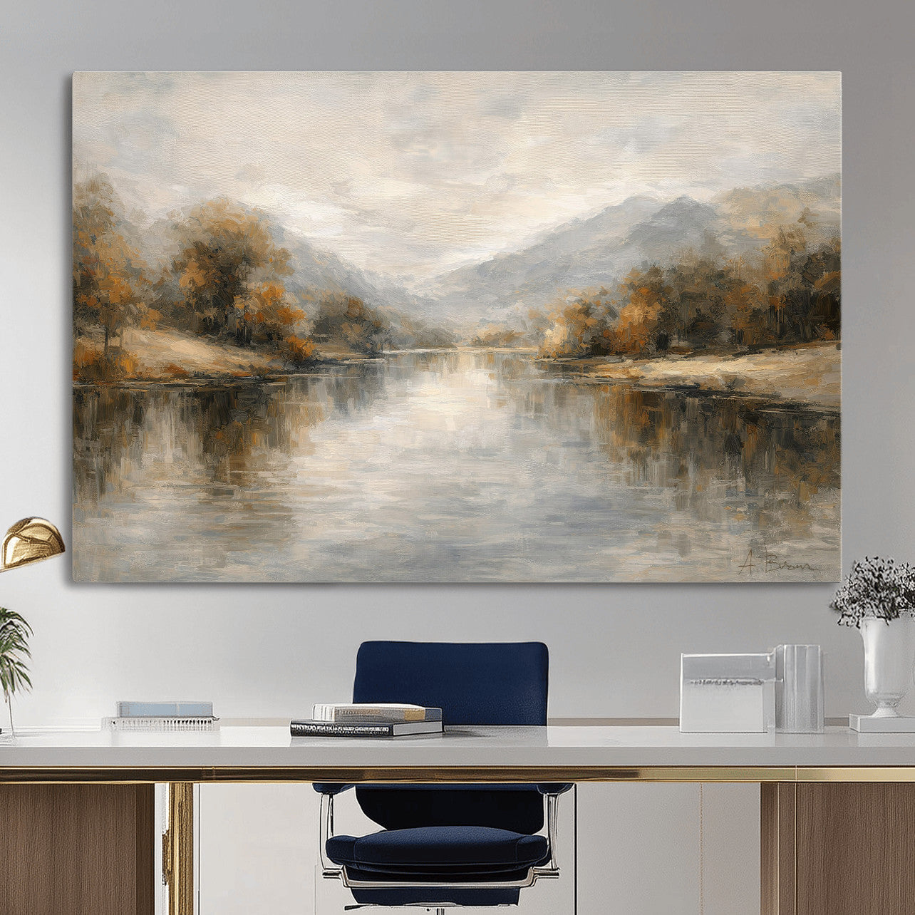 29251761-MGV-CV-36X24 - Neutral Abstract River Landscape Wall Art Canvas Print, Modern Minimal Nature Reflection Canvas Print, Beige Gray Contemporary Mountain Art Printing