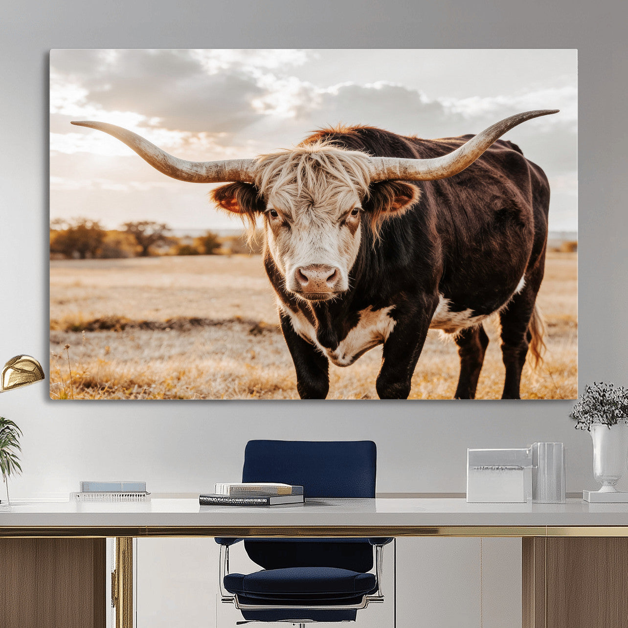 88230279-MGV-CV-36X24 - Texas Longhorn Bull Rustic Wall Art Canvas Print, Western Cattle Photography Canvas Print, Ranch Farm Animal Western Art Printing
