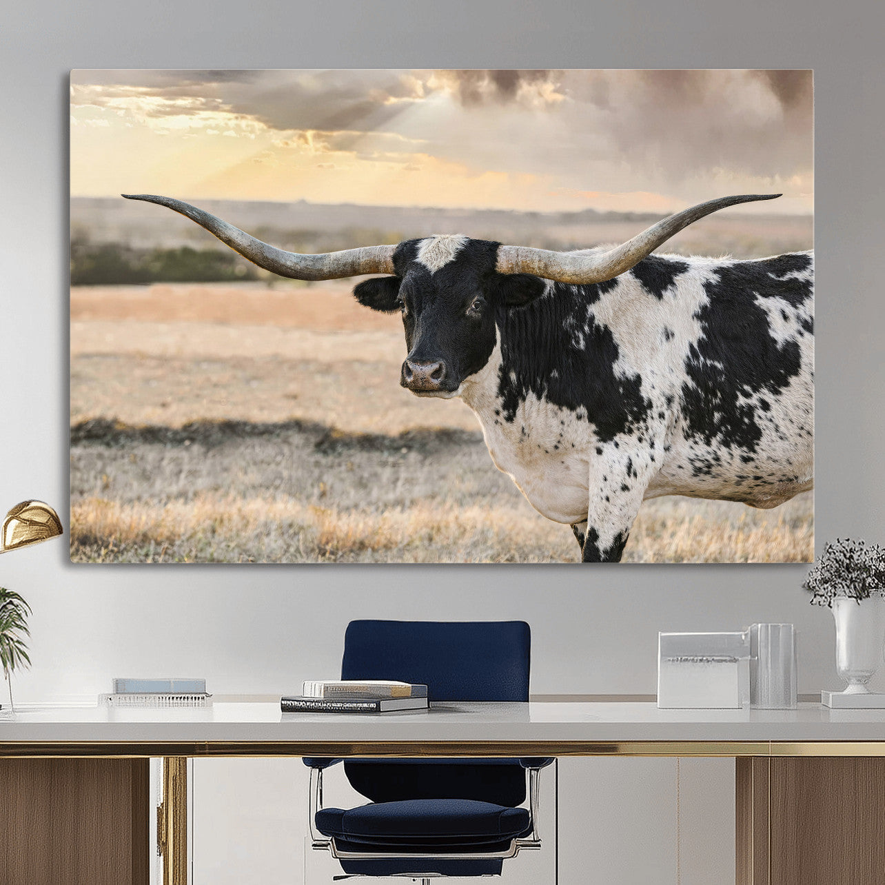 49350433-MGV-CV-36X24 - Texas Longhorn Bull Rustic Wall Art Canvas Print, Western Cattle Photography Canvas Print, Ranch Farm Animal Western Art Printing