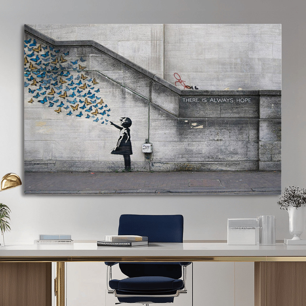 15274223-MGV-CV-36X24 - Banksy Girl with Butterflies Street Art Wall Art Canvas Print, Hope Graffiti Urban Art Canvas Print, Minimalist Inspirational Street Art Contemporary Art Printing