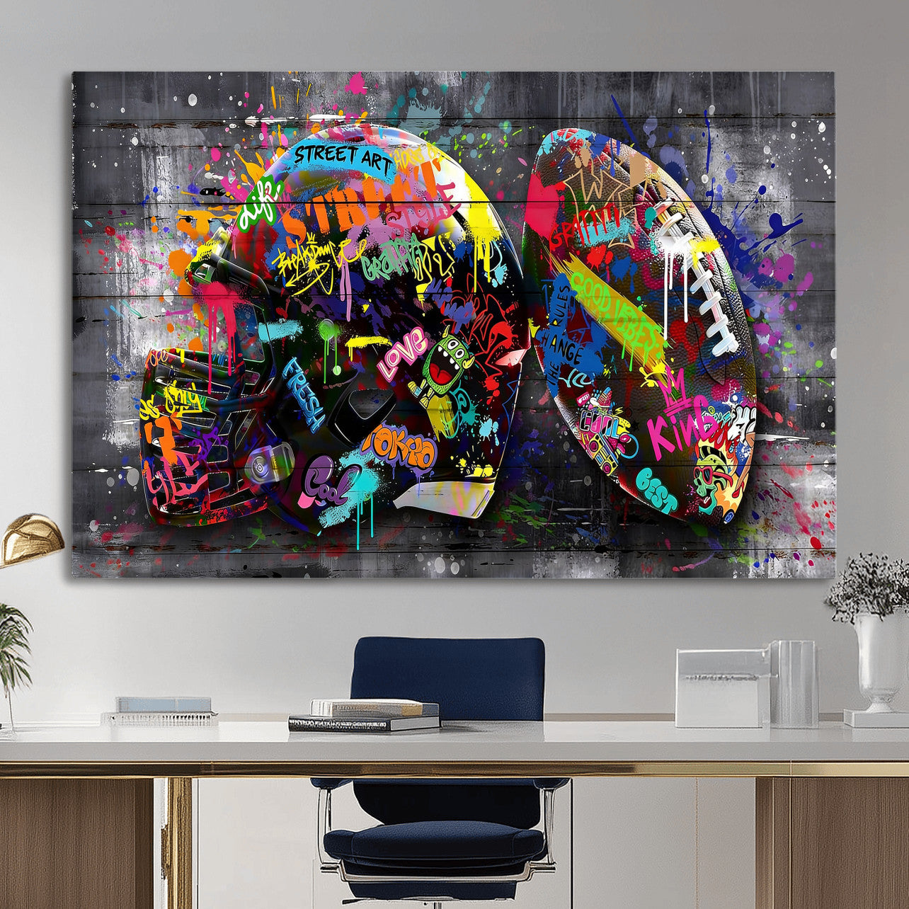 80540773-MGV-CV-36X24 - Graffiti American Football Helmet Street Art Wall Art Canvas Print, Urban Sports Pop Art Football Canvas Print, Colorful Graffiti Sports Contemporary Art Printing