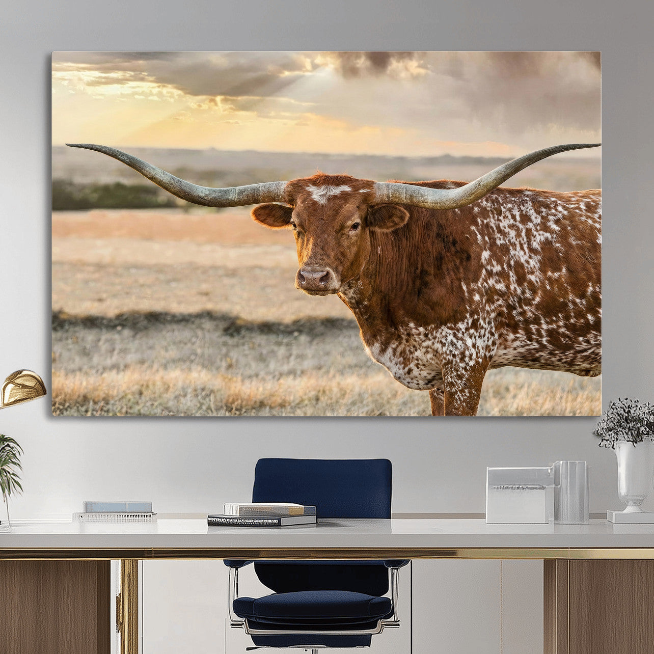 16502384-MGV-CV-36X24 - Texas Longhorn Wall Art Canvas Print, Western Ranch Bull Photography Canvas Print, Rustic Farmhouse Cattle Artwork for Living Room Decor