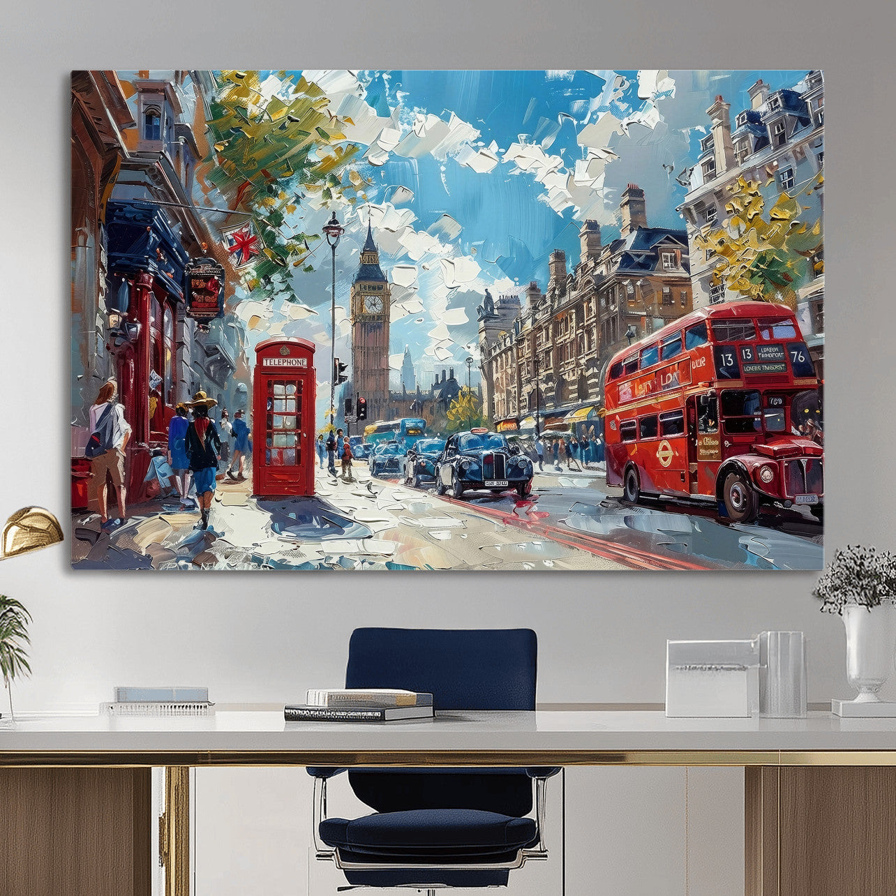 17630888-MGV-CV-36X24 - London Street Canvas Wall Art — Big Ben Red Bus Print | Oil Painting Style | UK City Wall Decor | Travel Art Gift | Living Room Print