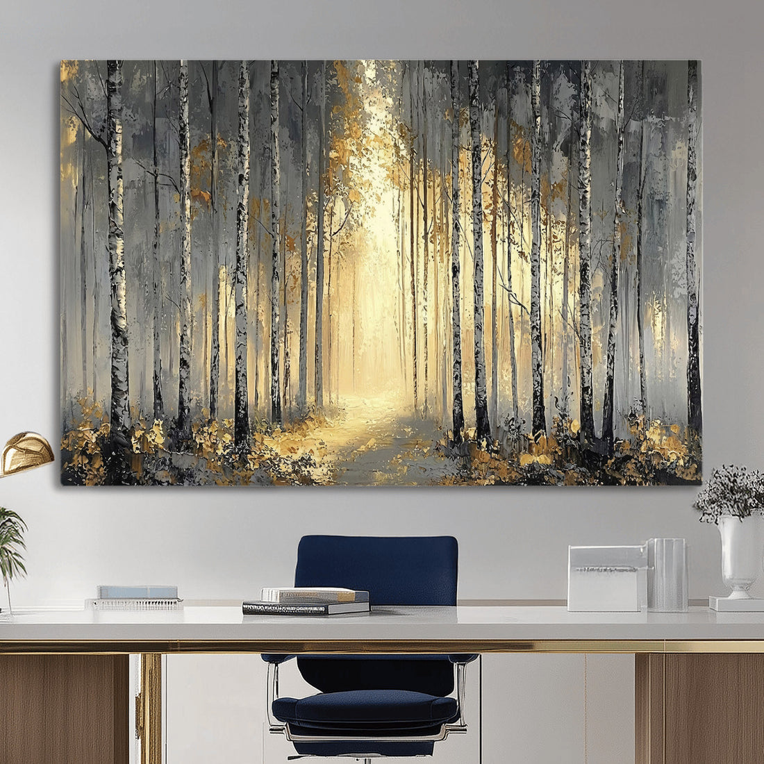 Abstract Birch Forest Wall Art Canvas Print | Modern Gold Gray Woodland Landscape