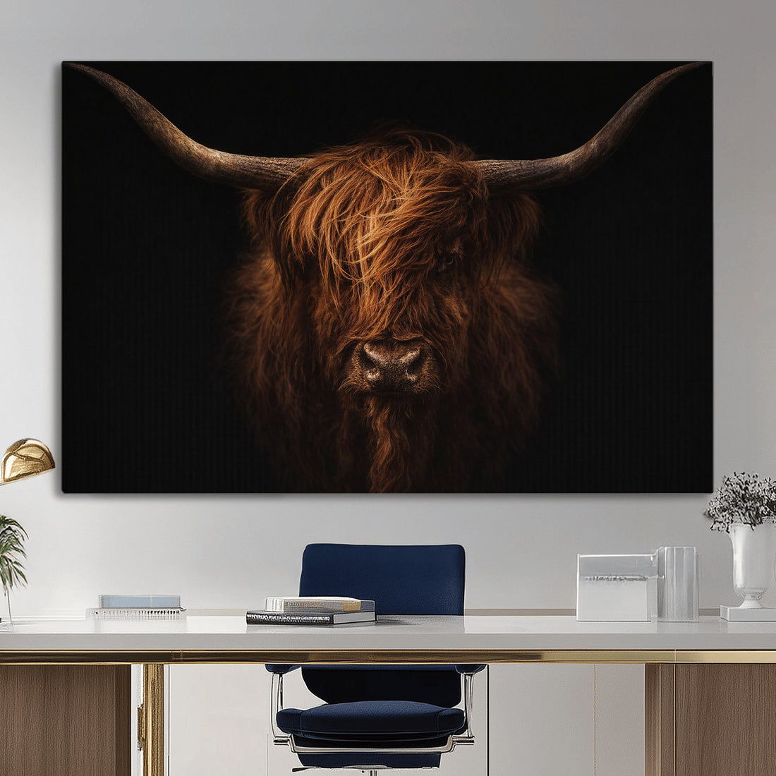 Highland Cow Wall Art Canvas Print | Moody Dark Rustic Farmhouse Portrait