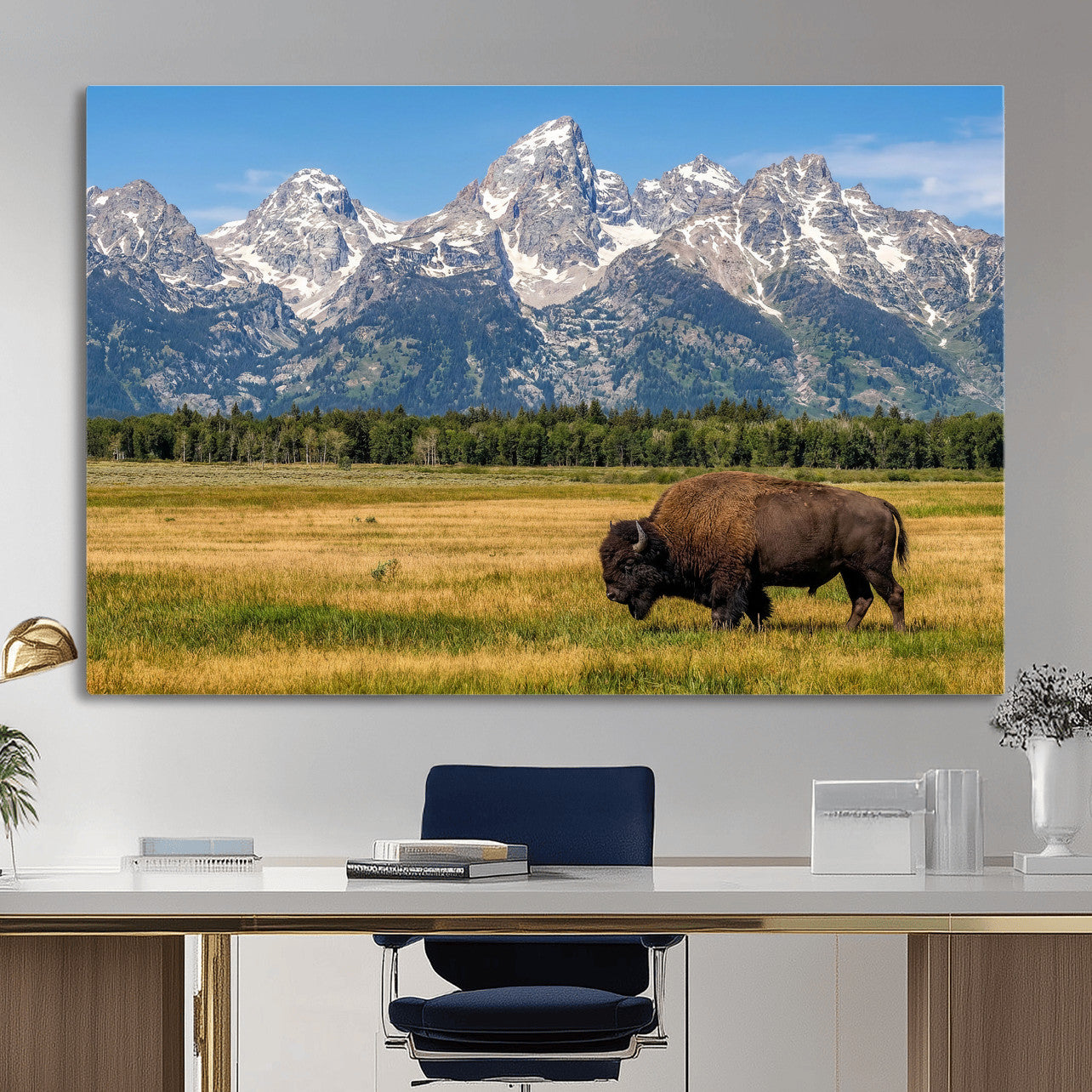 20424529-MGV-CV-36X24 - Bison in Mountain Landscape Wall Art Canvas Print – Western Wildlife Artwork for Rustic Living Room Decor