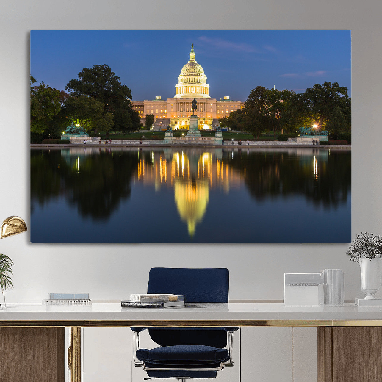 95568590-MGV-CV-36X24 - US Capitol Building Wall Art Canvas Print – Washington DC Landmark Night Reflection Artwork for Office Decor