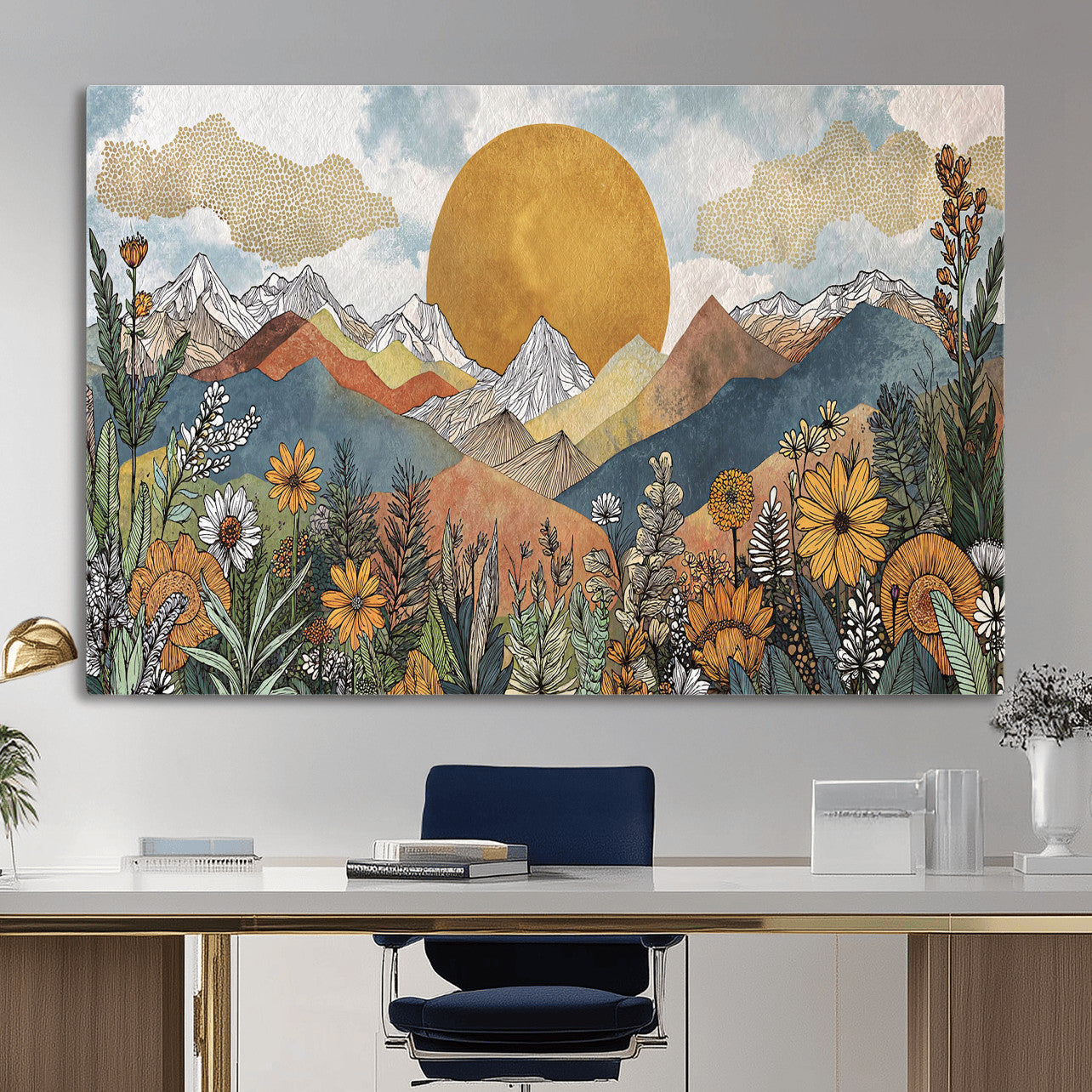 17540863-MGV-CV-36X24 - Boho Mountain Landscape Large Wall Art, Horizontal Gold Framed Canvas Print with Sun and Flowers
