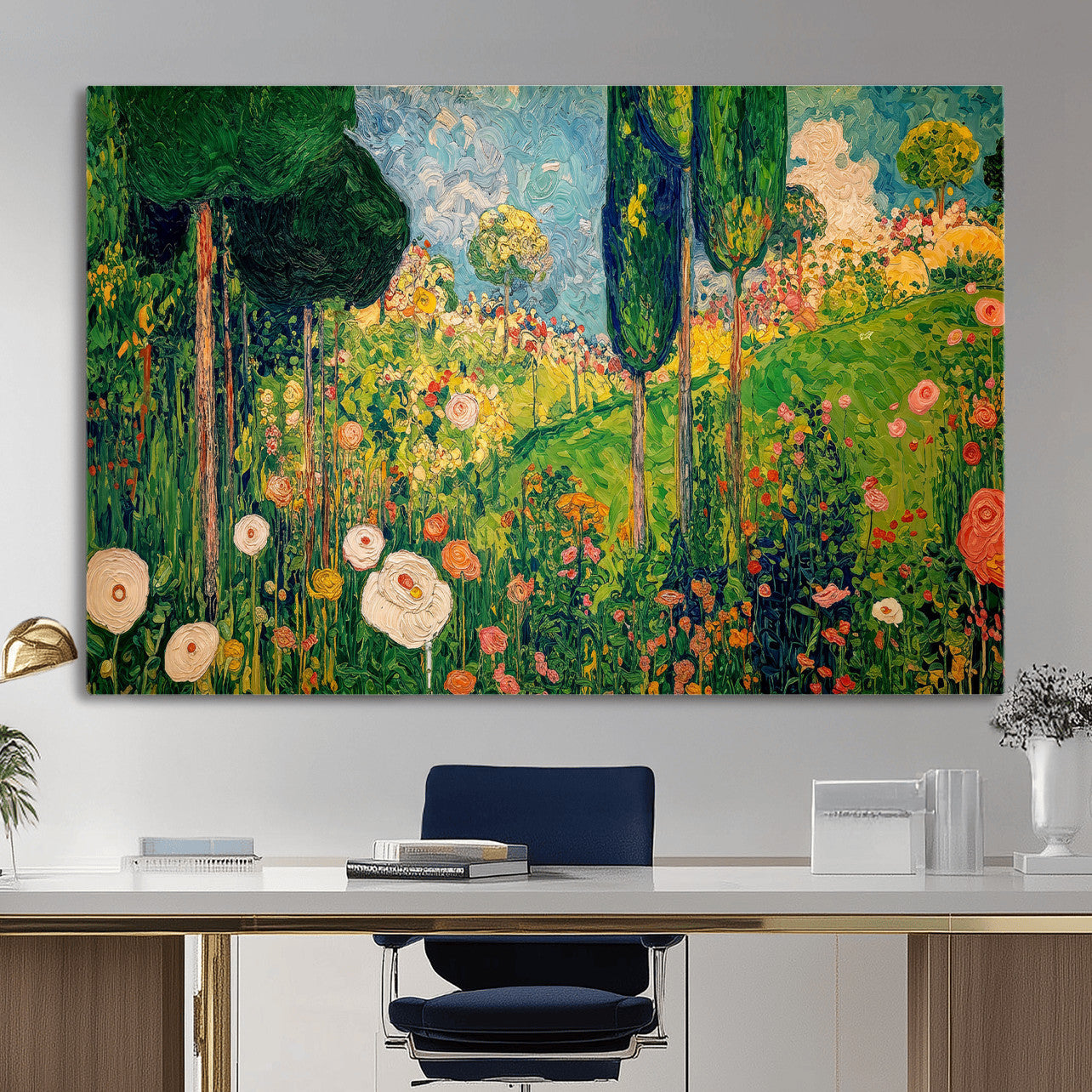 83517974-MGV-CV-36X24 - Gustav Klimt Boho Mountain Landscape Large Wall Art, Horizontal Gold Framed Canvas Print with Sun and Flowers