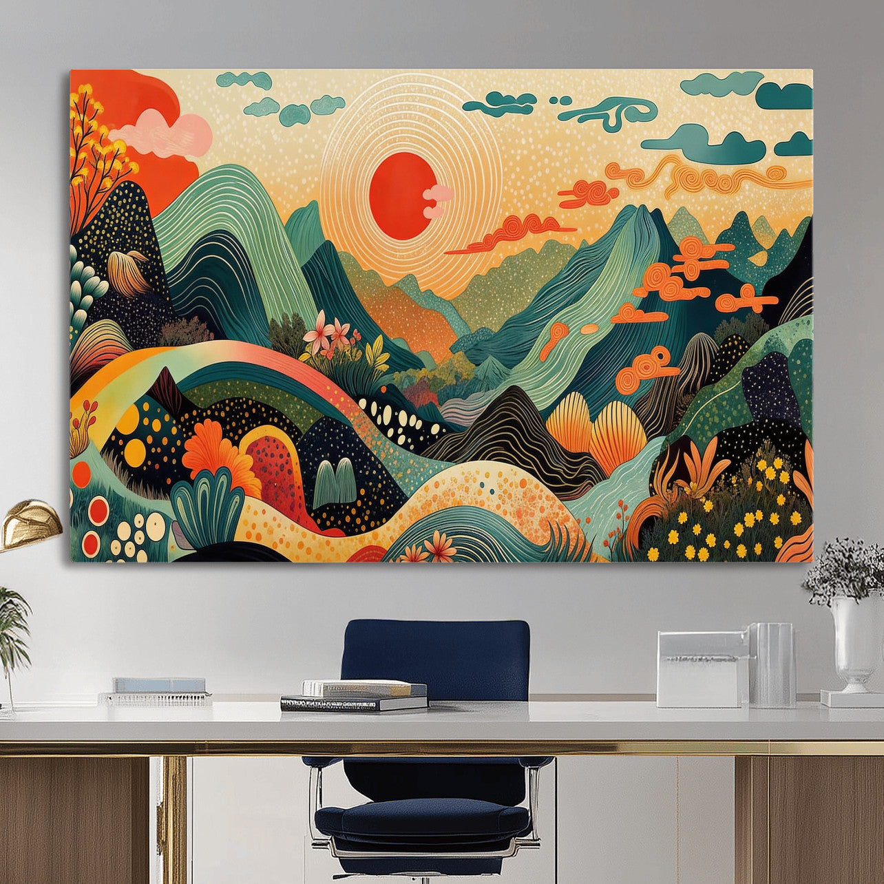29927191-MGV-CV-36X24 - Yayoi Kusama Boho Mountain Landscape Large Wall Art, Horizontal Gold Framed Canvas Print with Sun and Flowers